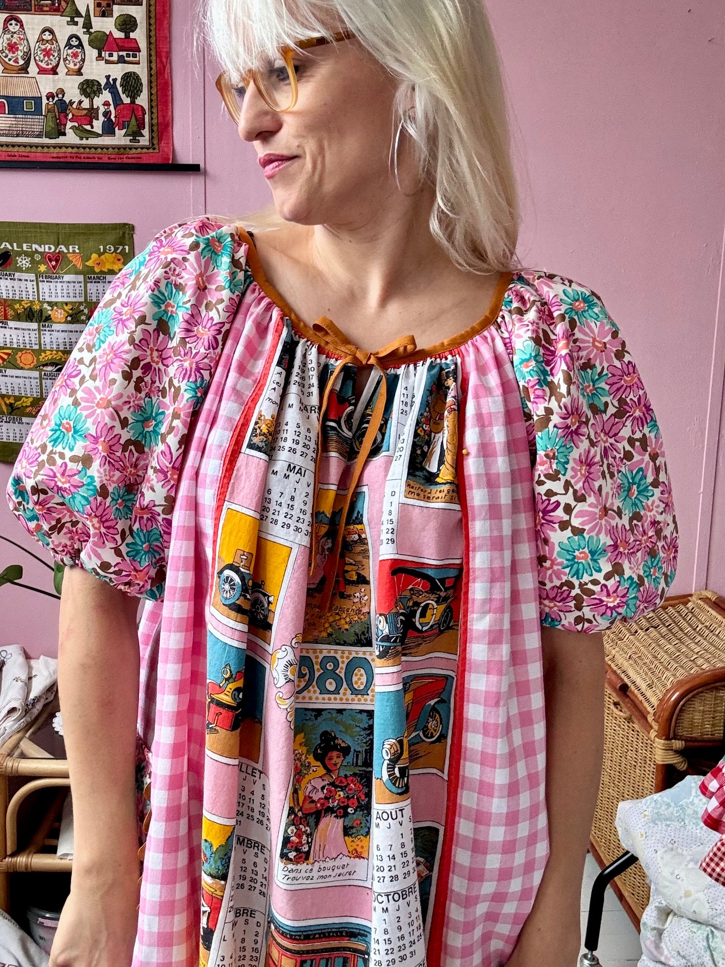 1980 French vintage teatowel mini dress