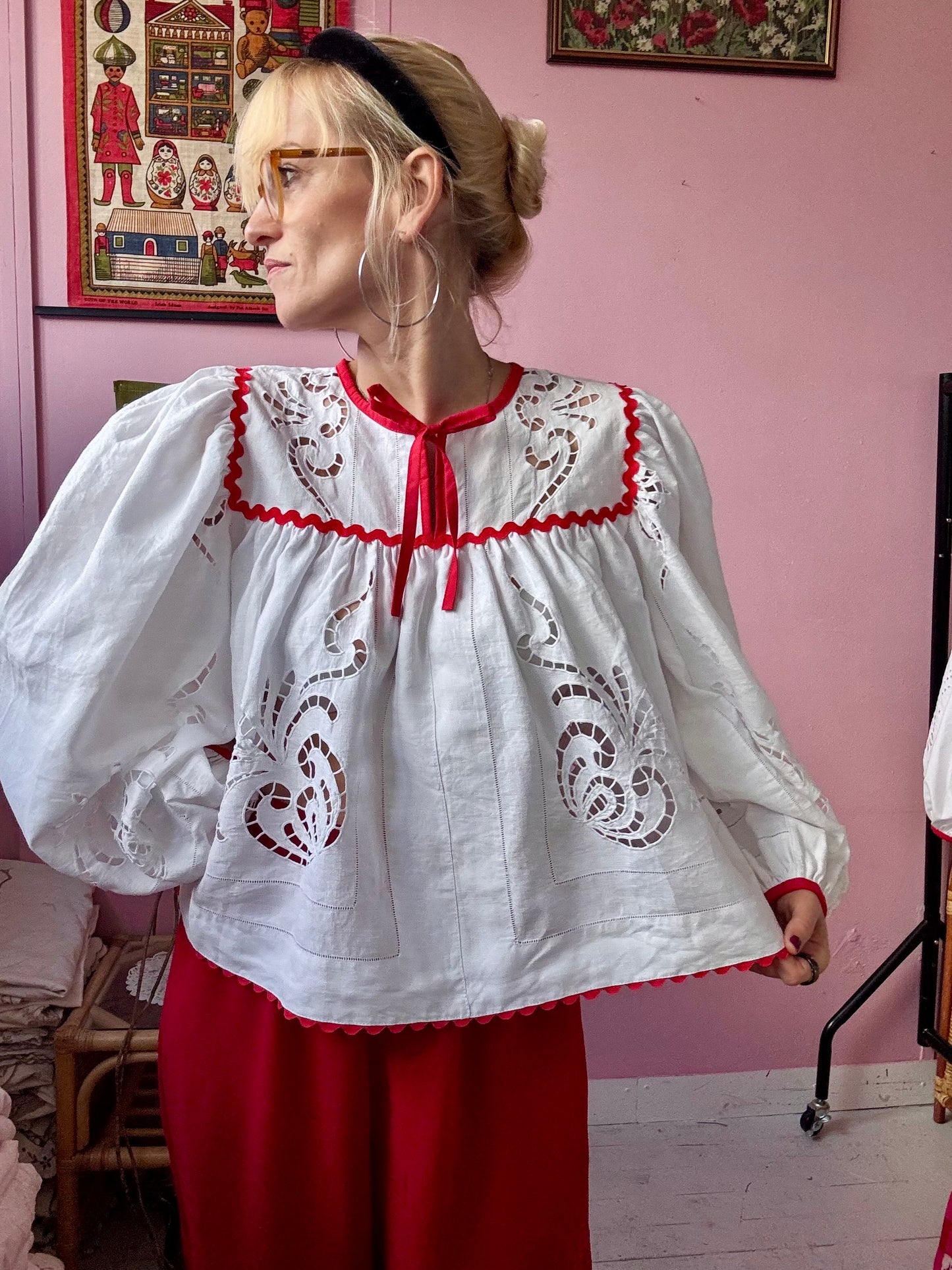 White embroidery blouse with red ric rac