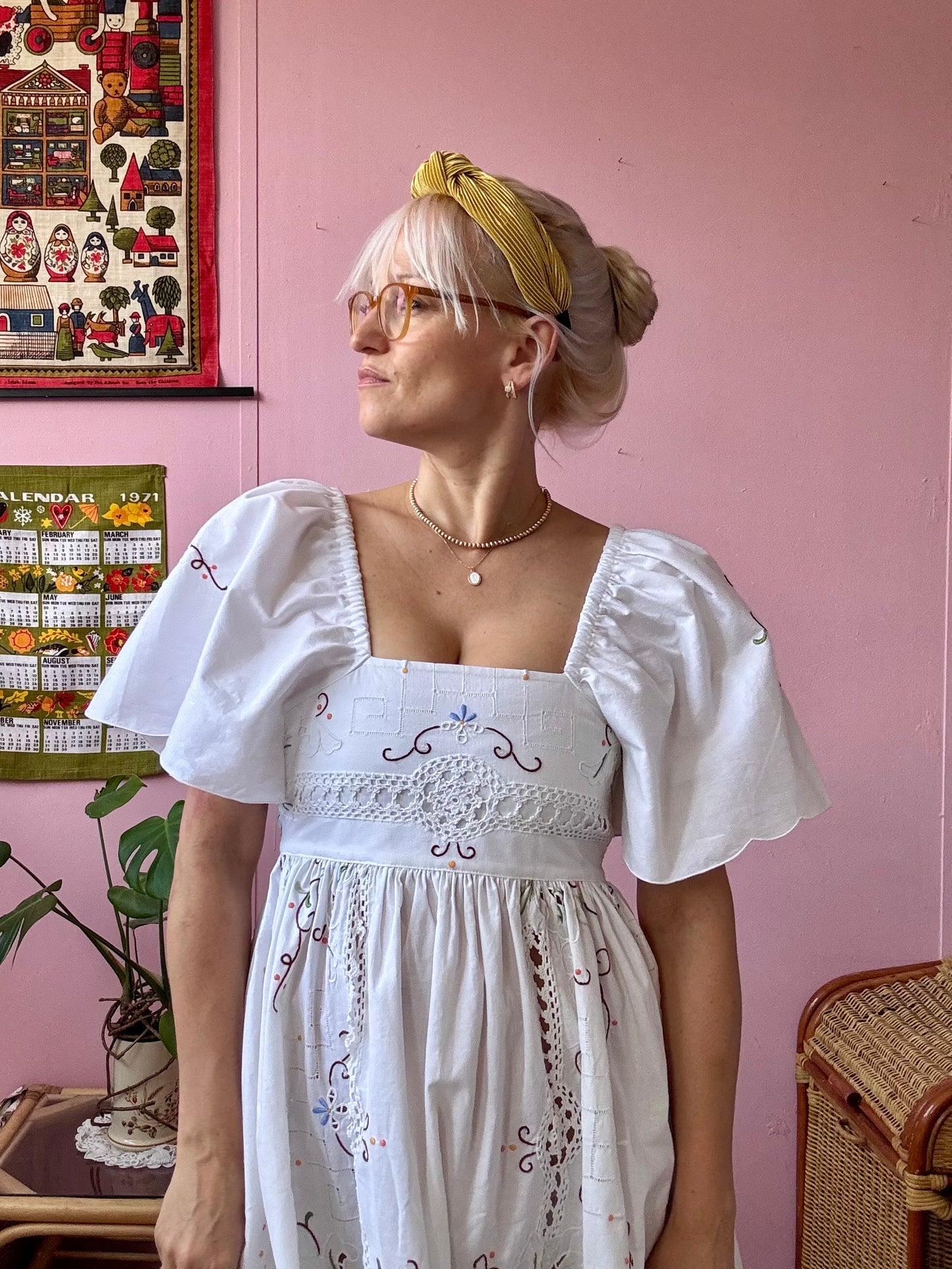 White maxi dress with embroidery and lace