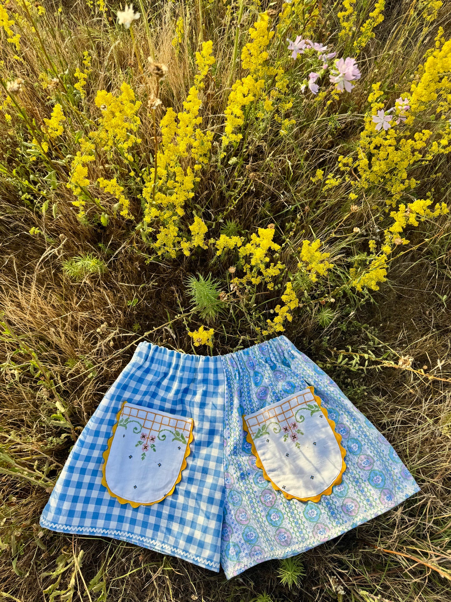 Blue gingham/print shorts with front pockets