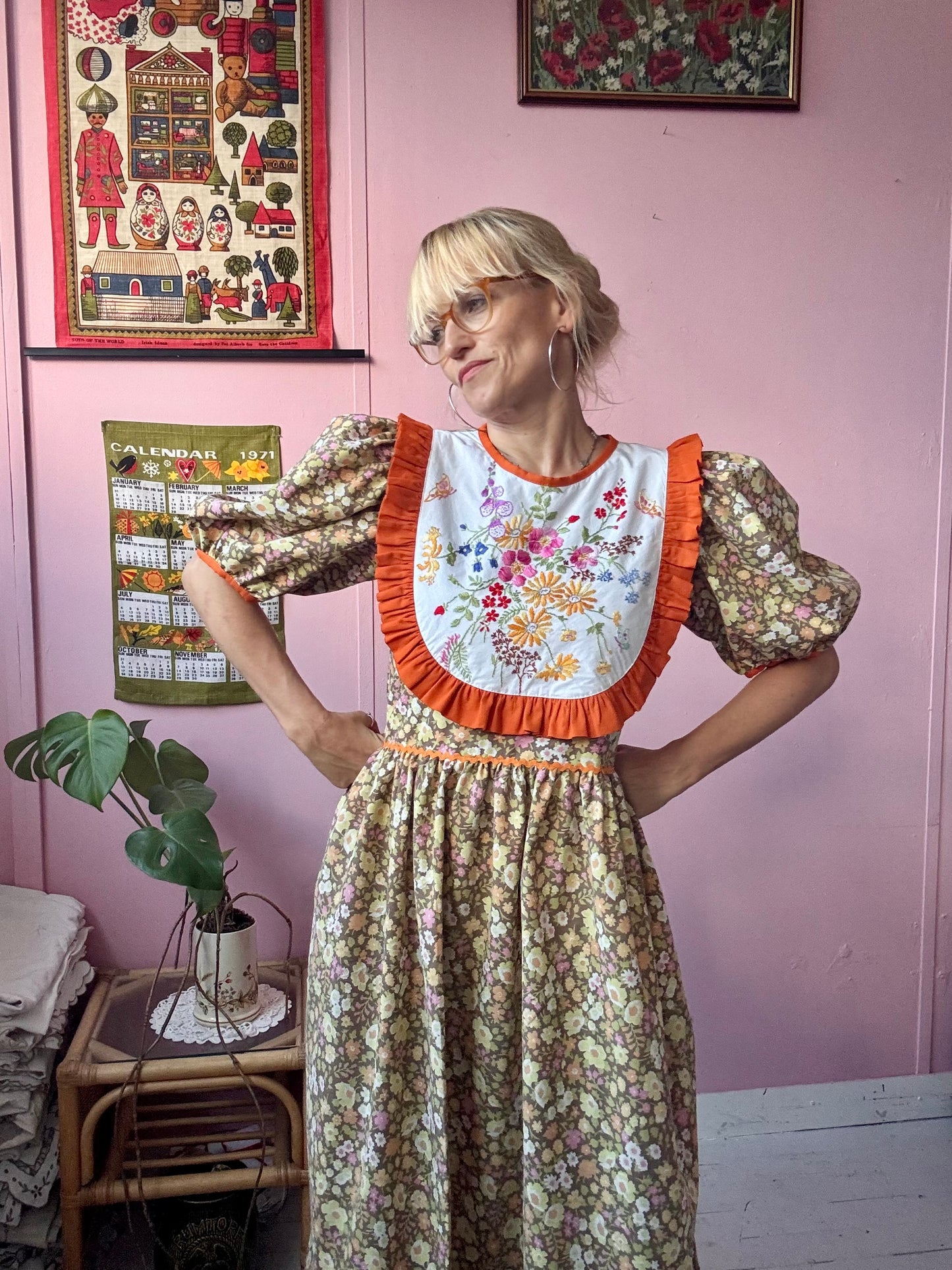 Floral maxi dress with orange frill