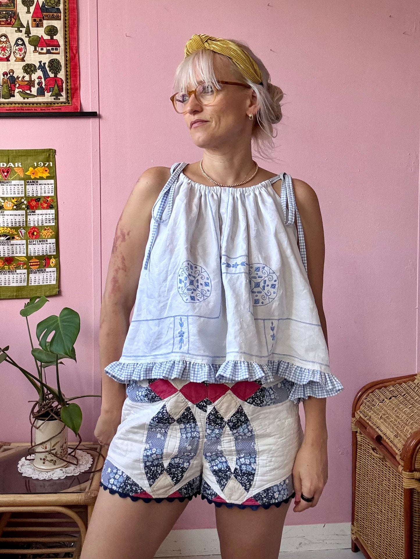 White linen top with blue gingham frill