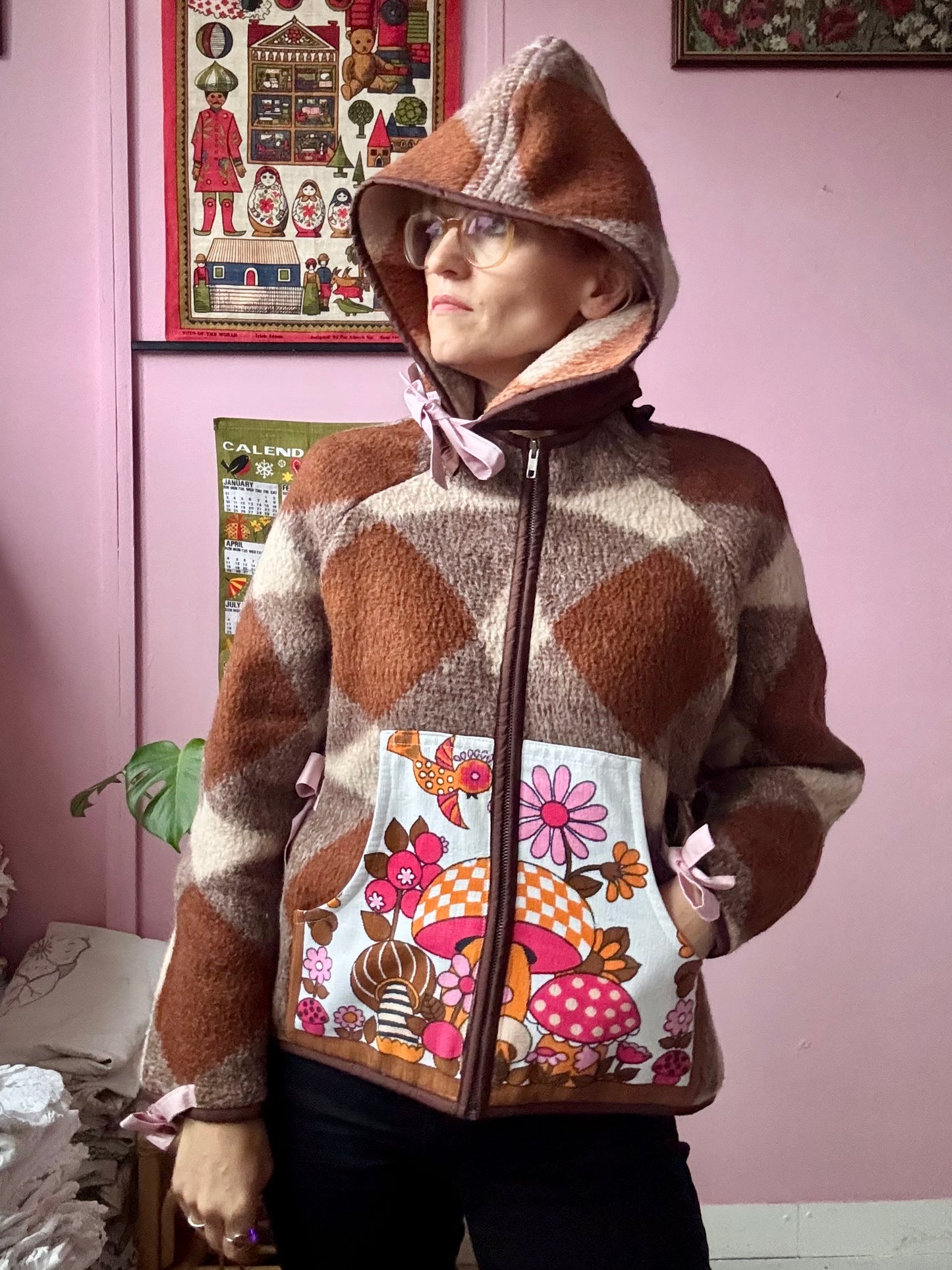 Brown wool blanket jacket with detachable hood