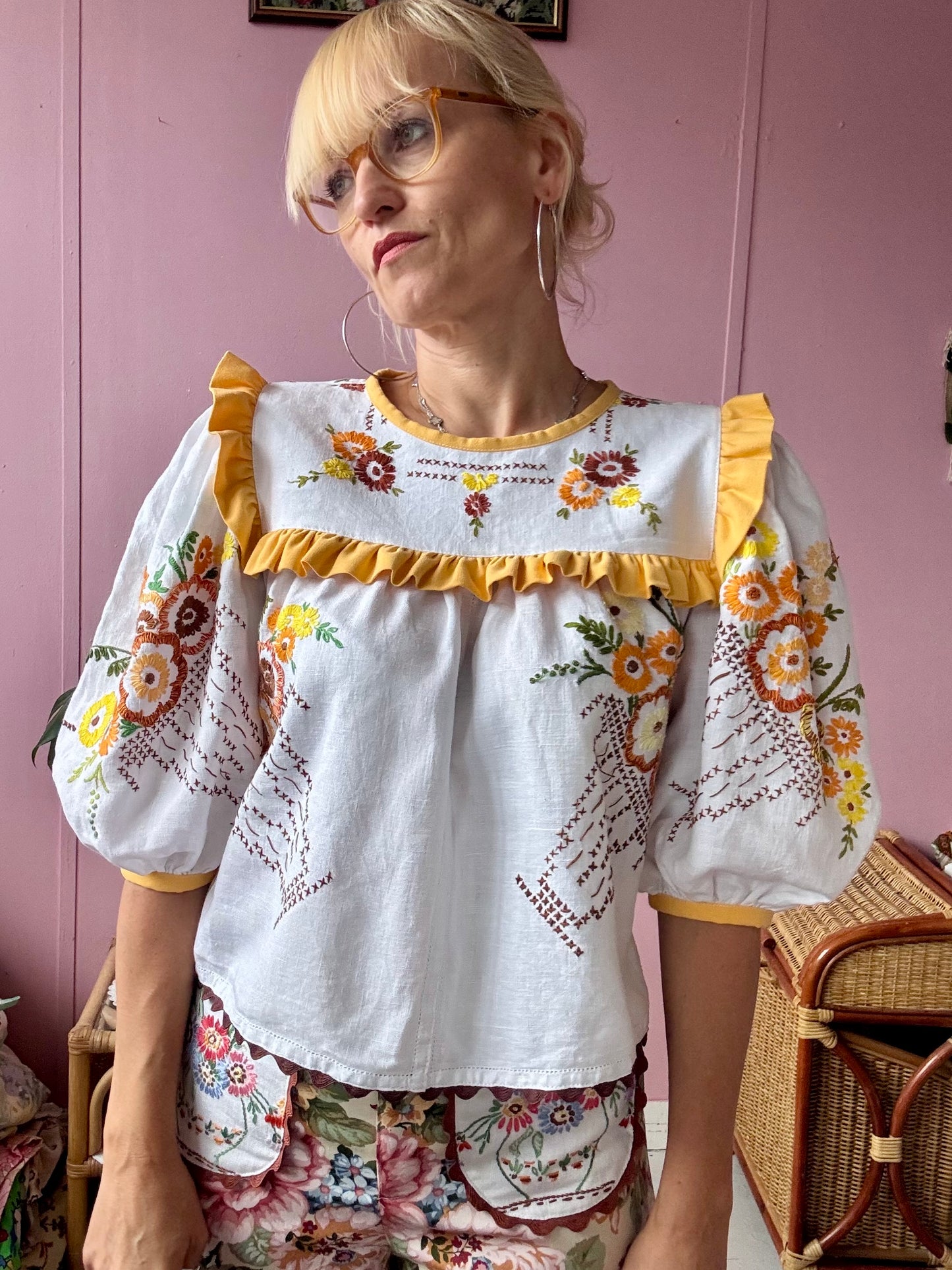 Blouse with hand embroidery and yellow frill