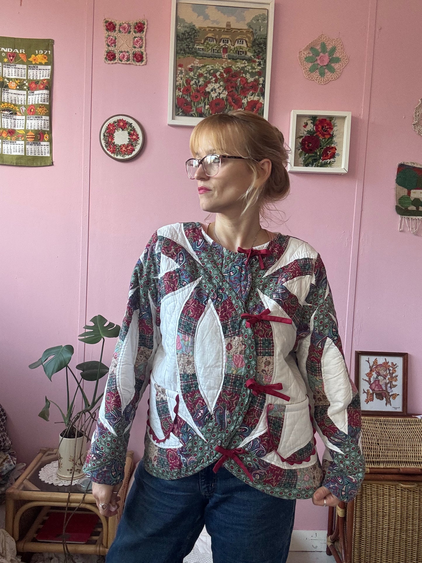 Patchwork jacket with burgundy ric rac and bows