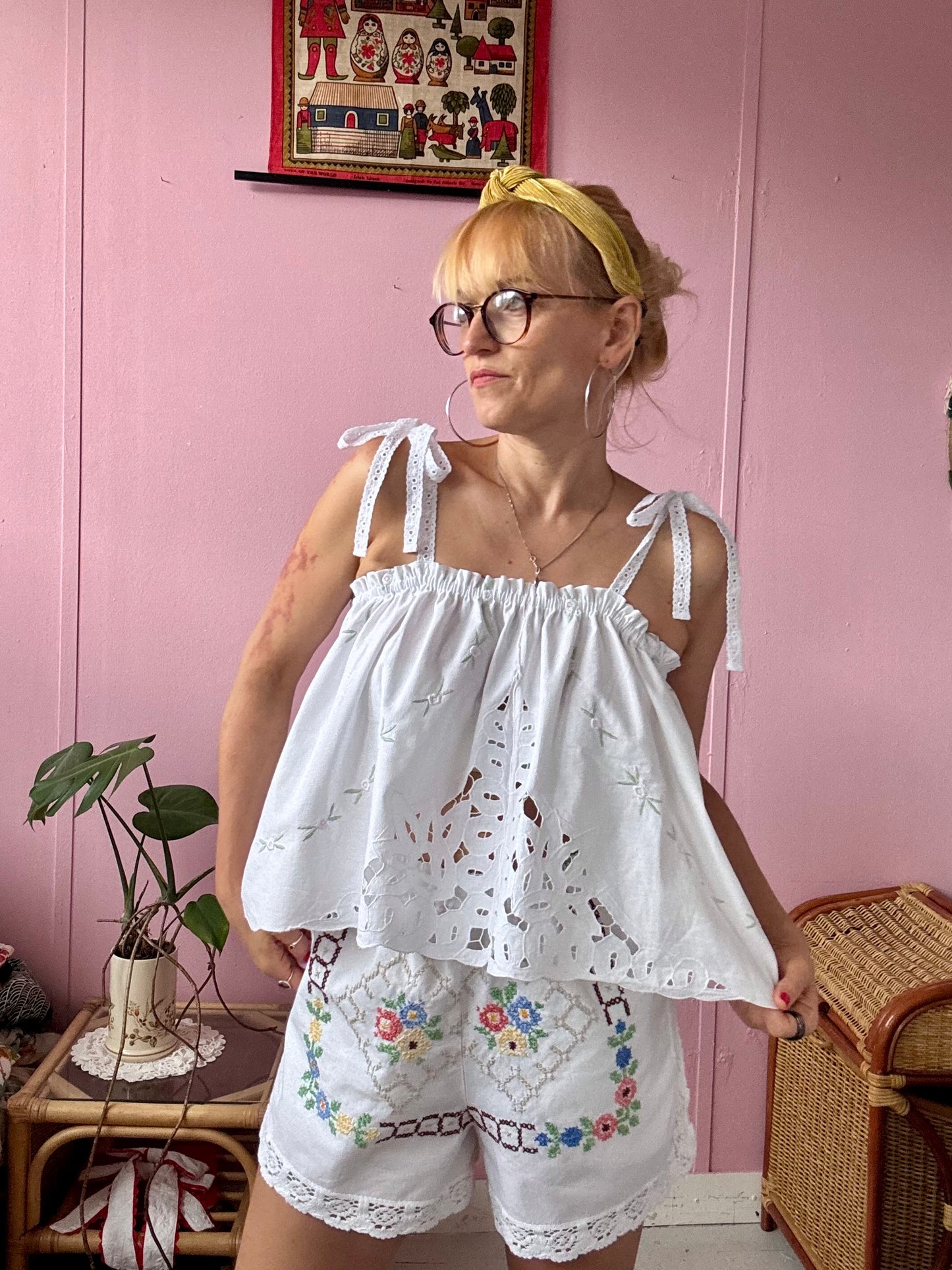Summer top with embroidery and lace straps
