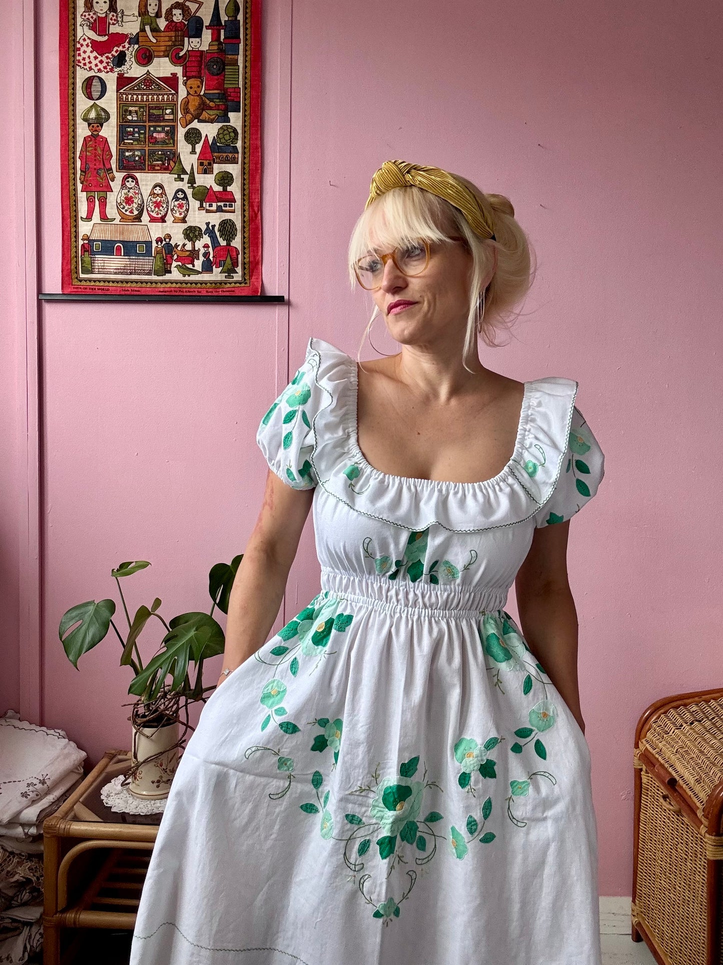 White/green floral appliqués dress