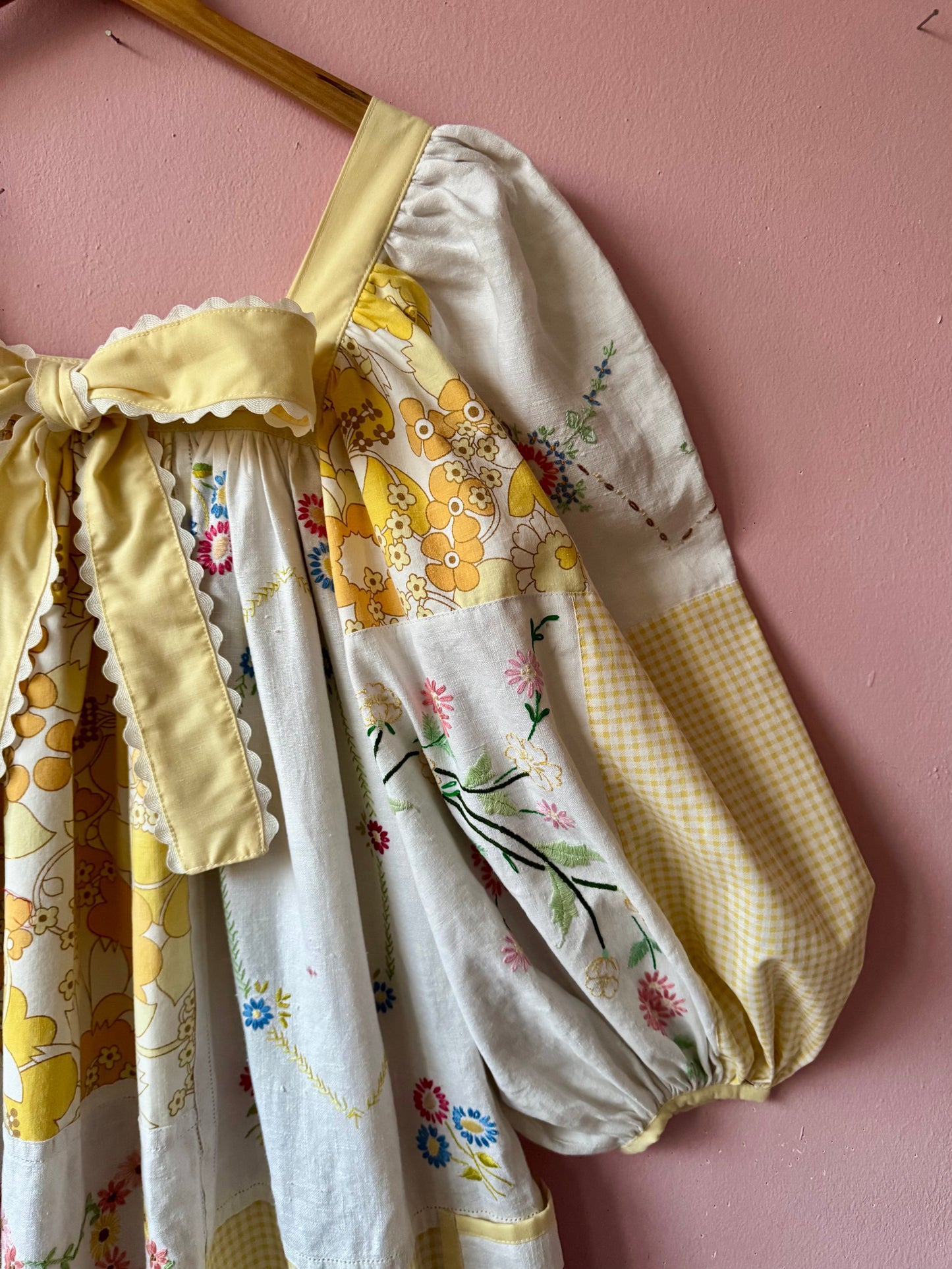 Yellow patchwork maxi dress with bow