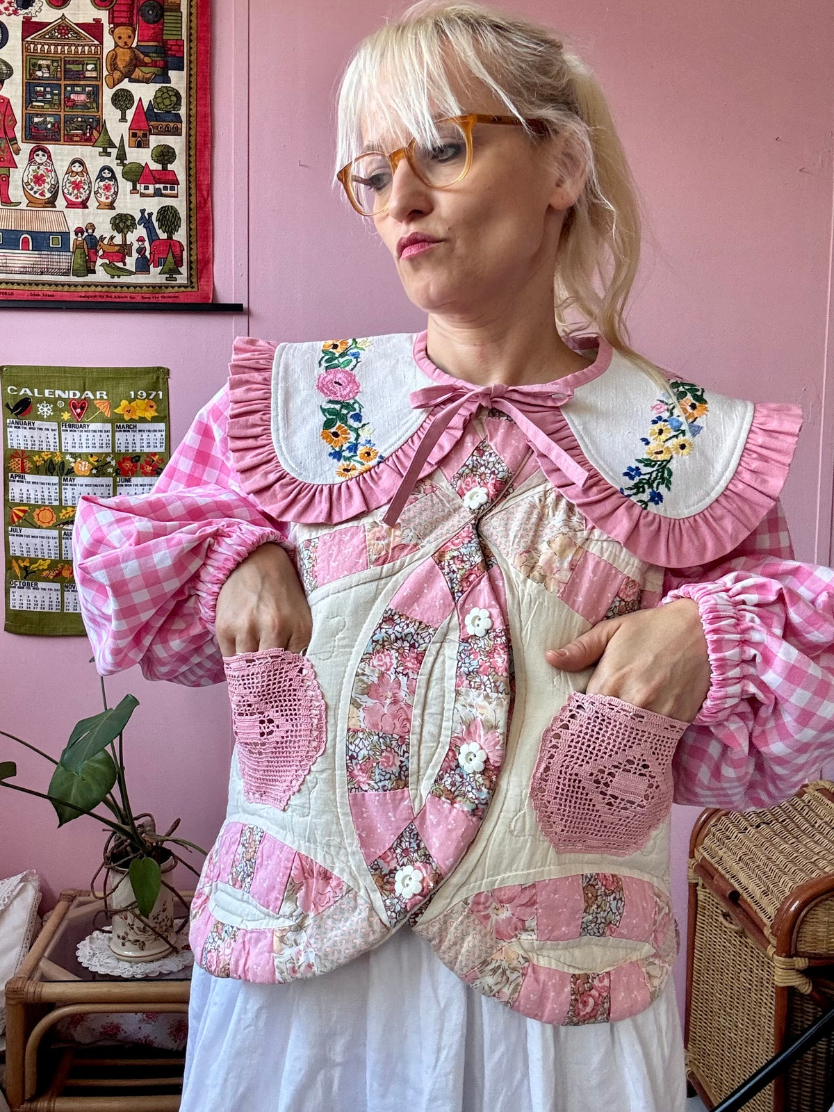 Patchwork jacket with gingham sleeves