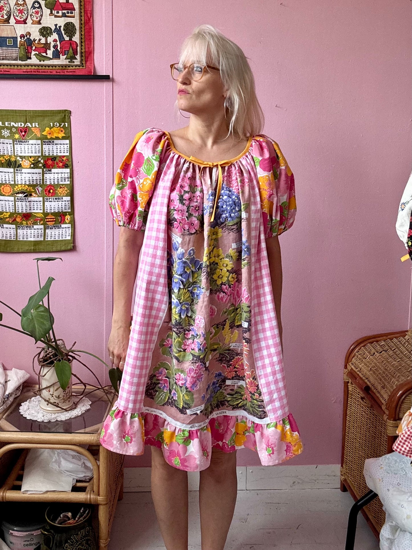 Alpine flowers teatowel and gingham dress