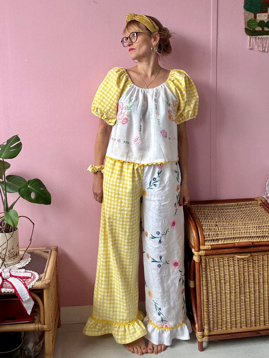 Yellow gingham and floral trousers