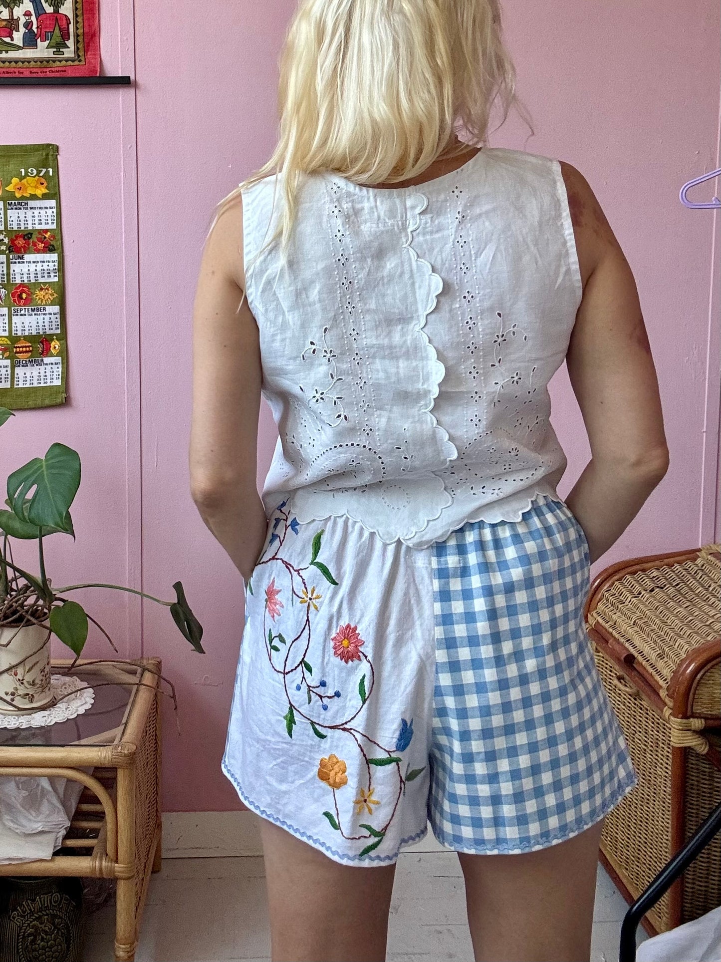 Blue gingham and floral shorts