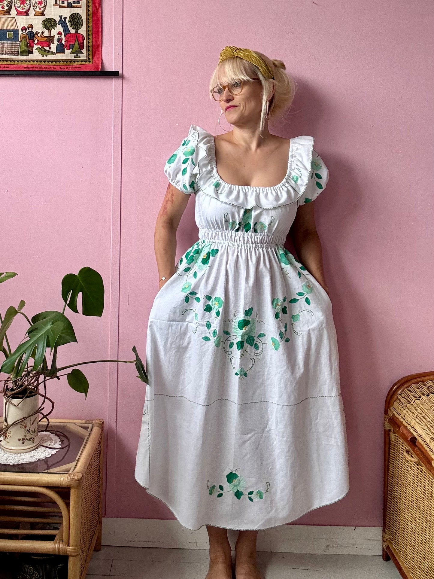 White/green floral appliqués dress
