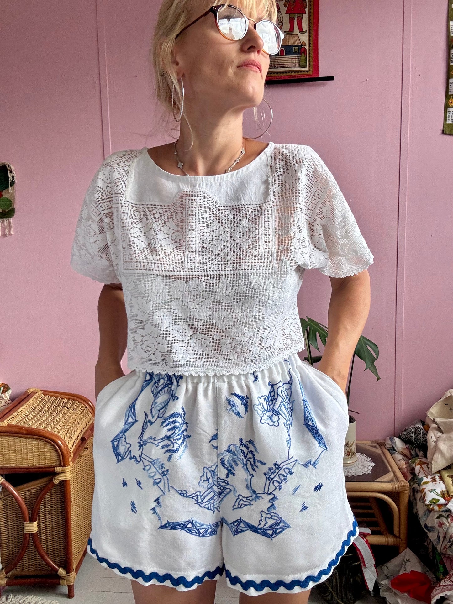 White shorts with blue embroidery and blue ric rac