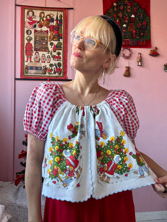 Christmas themed blouse with gingham sleeves
