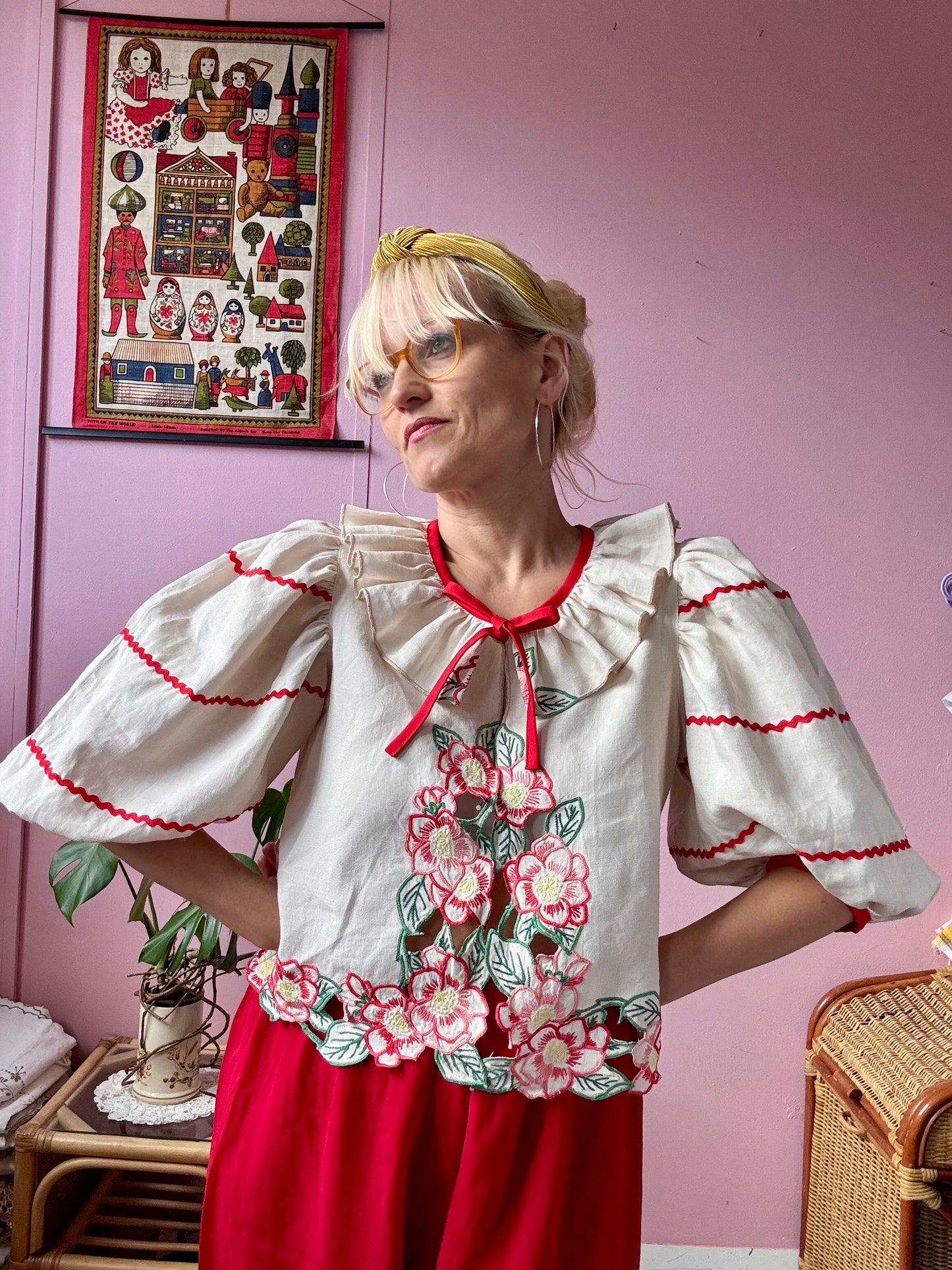 Beige blouse with red flowers and ric rac