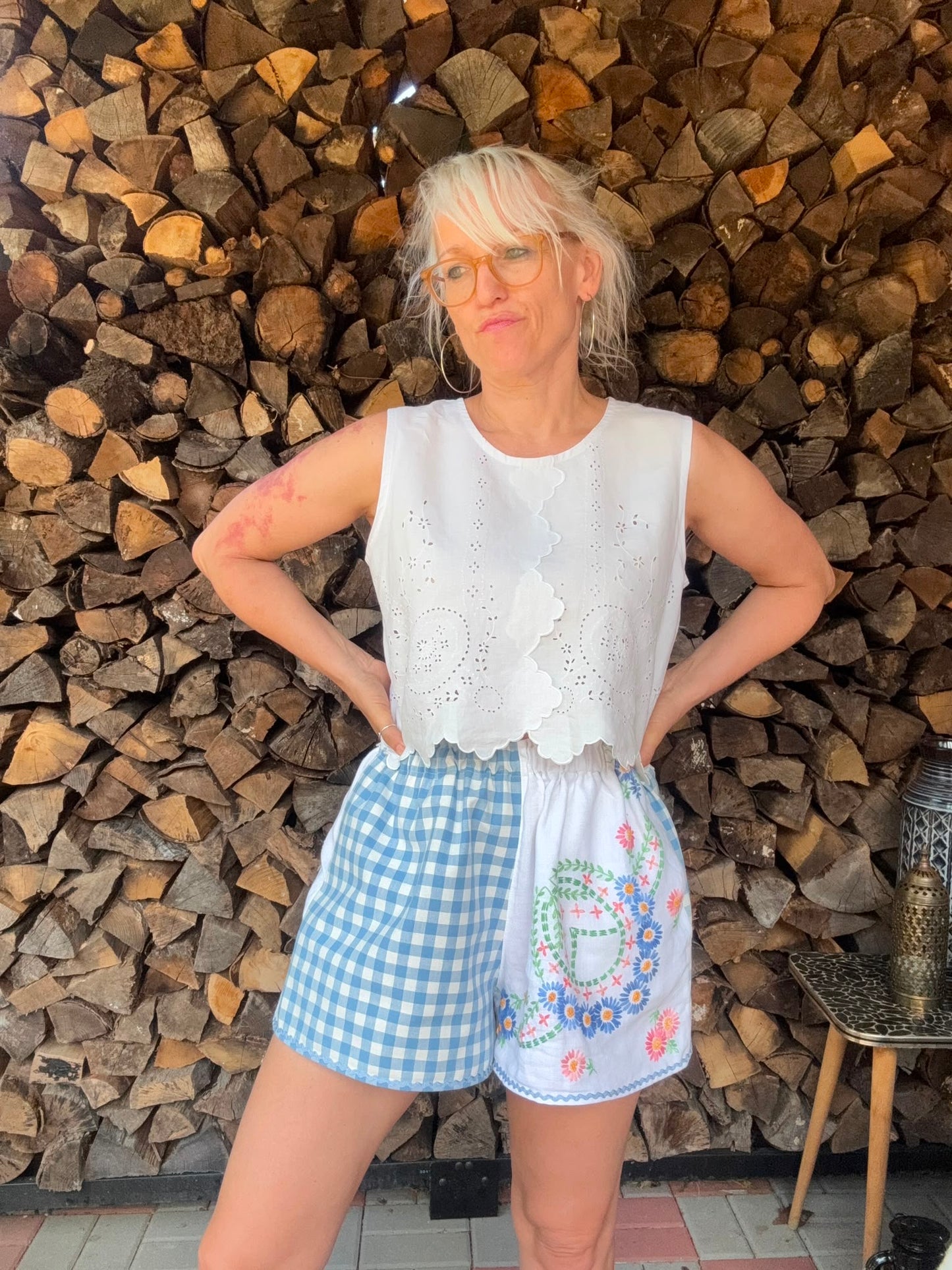 Blue gingham and embroidery shorts