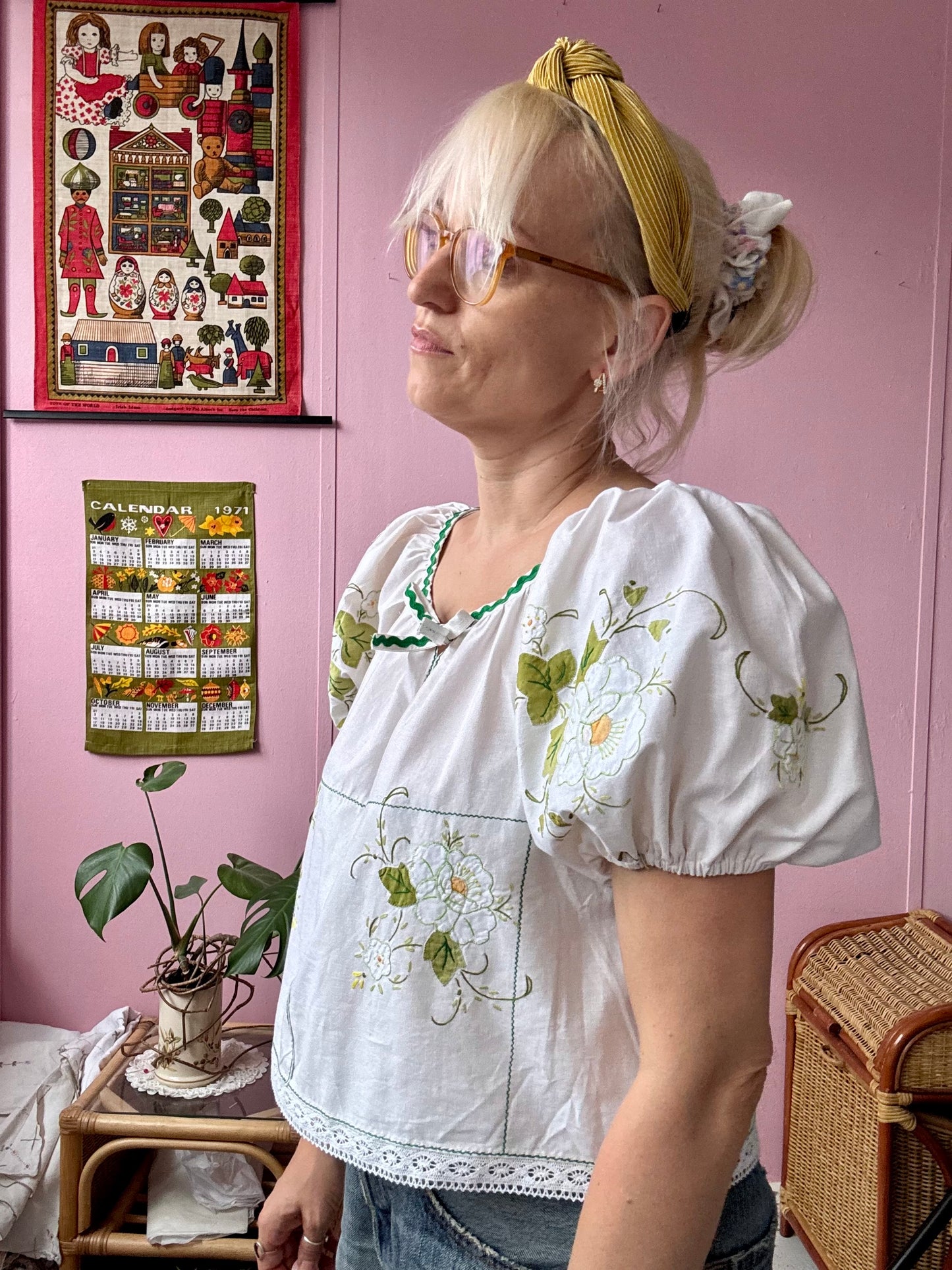 Floral blouse with lace and green ric rac