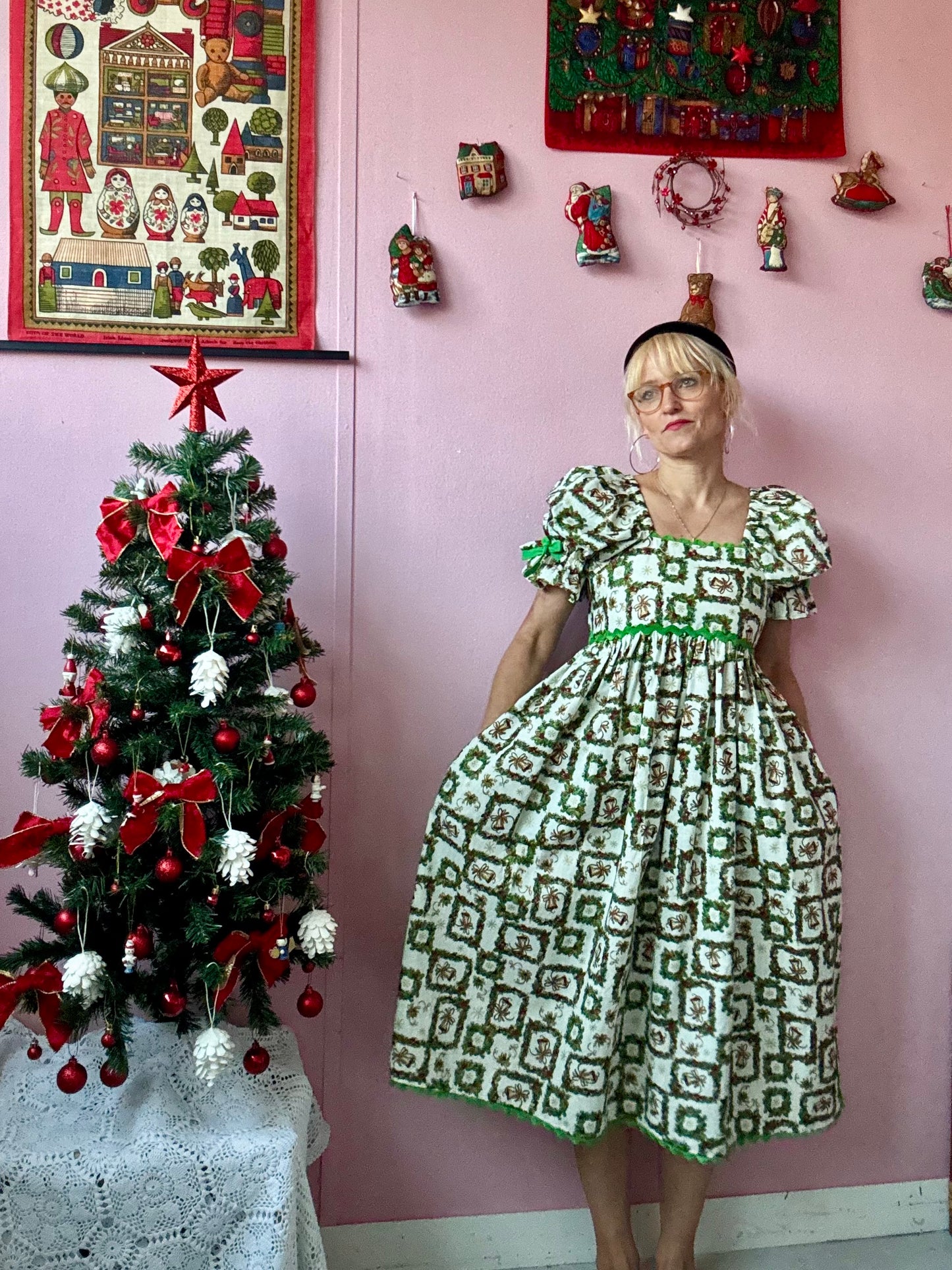 Christmas print midi dress with green ric rac and green bows
