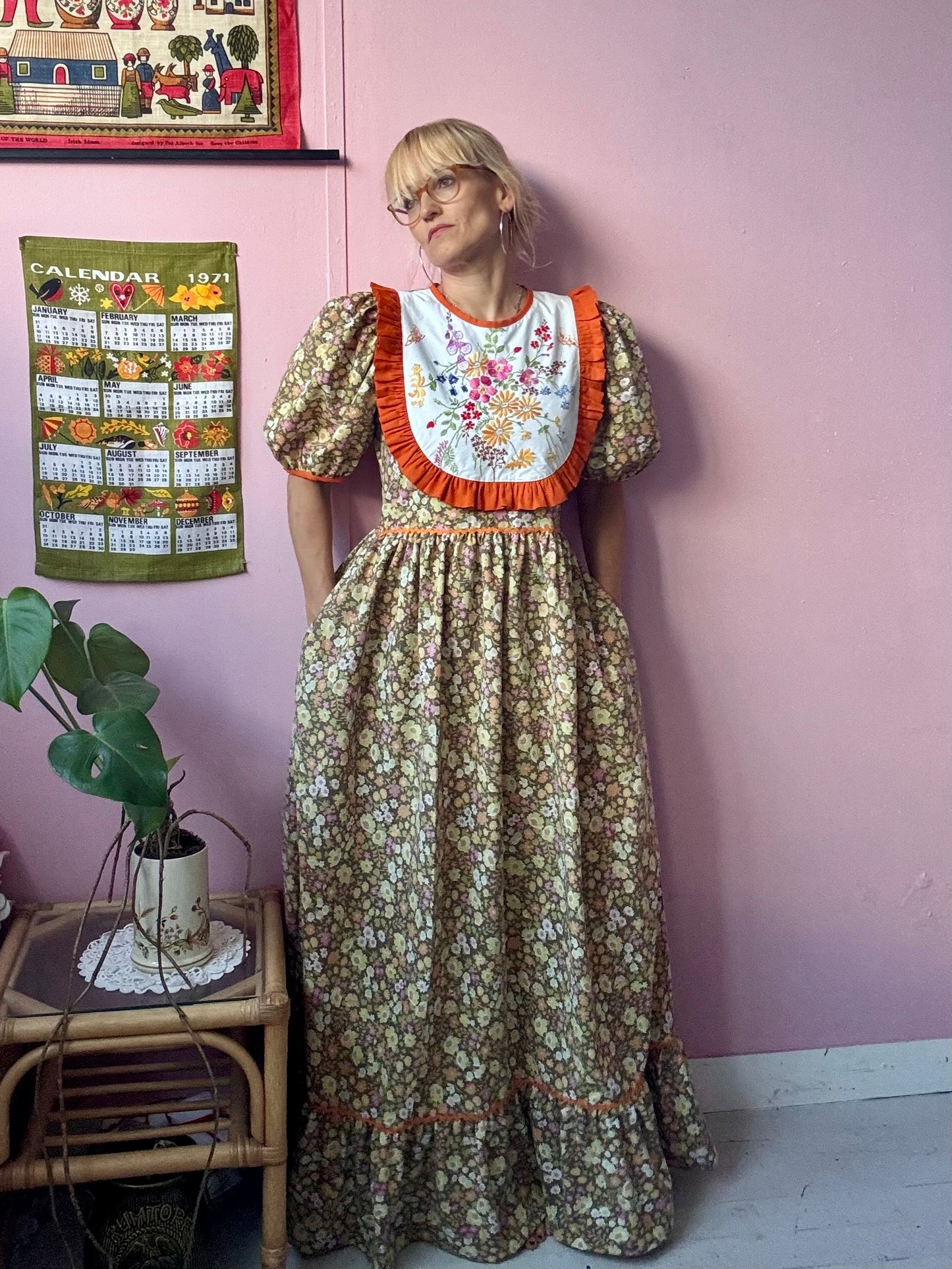 Floral maxi dress with orange frill