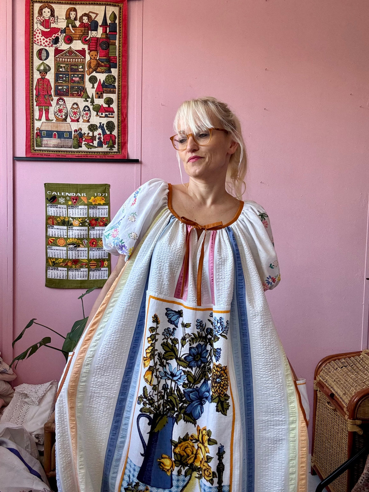 Maxi dress with vintage teatowel