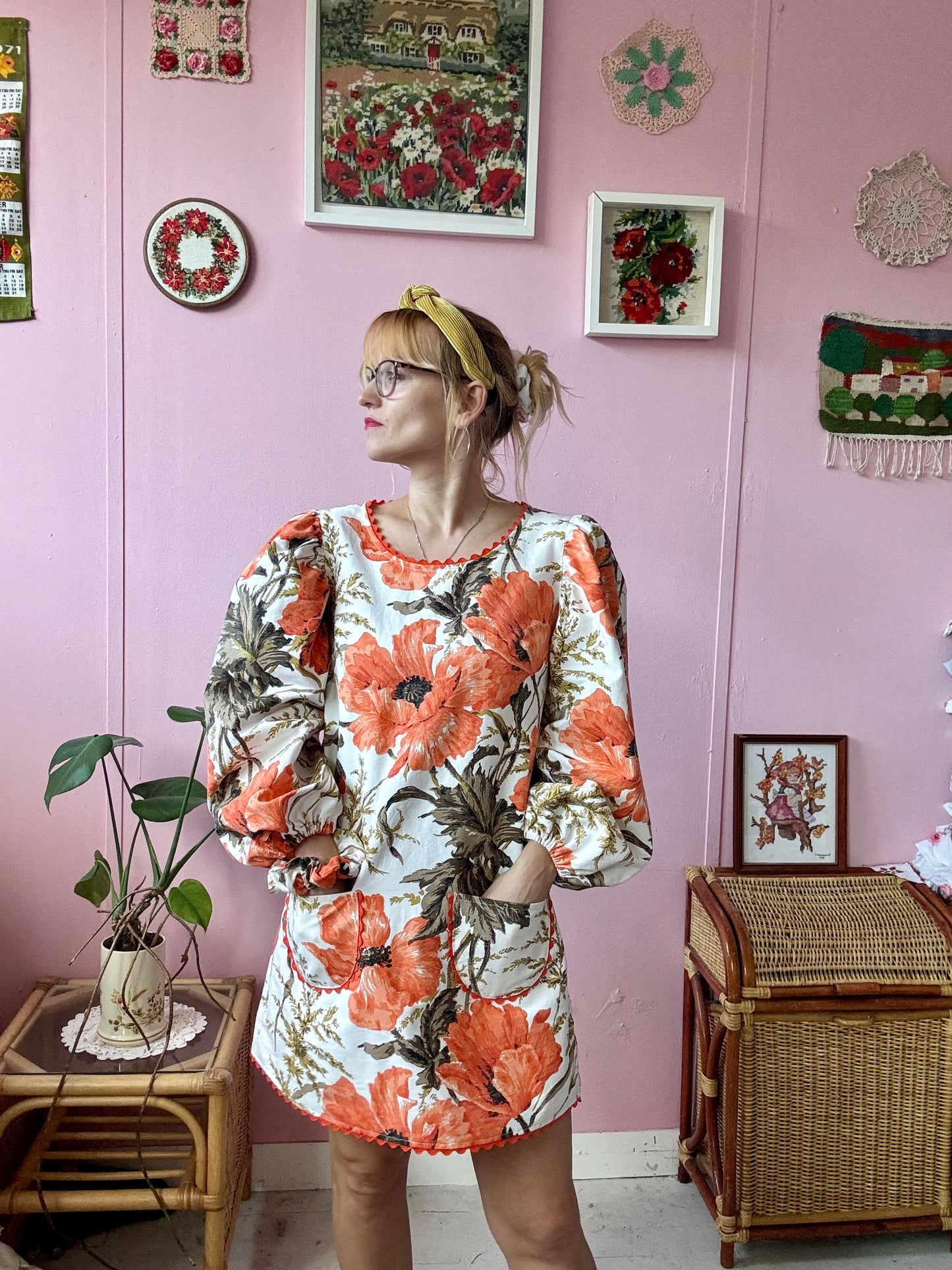 Orange poppies mini dress with long sleeves