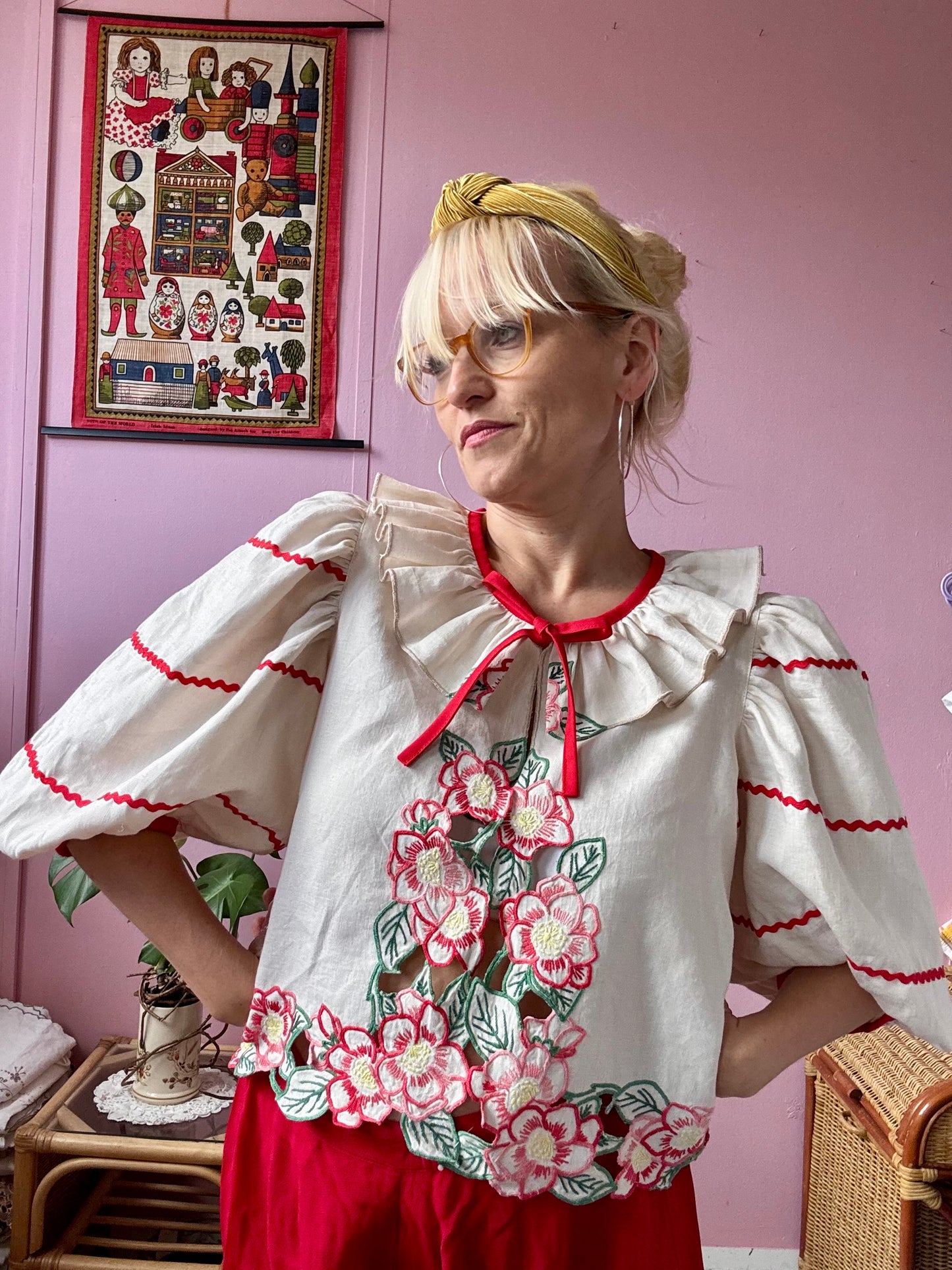 Beige blouse with red flowers and ric rac