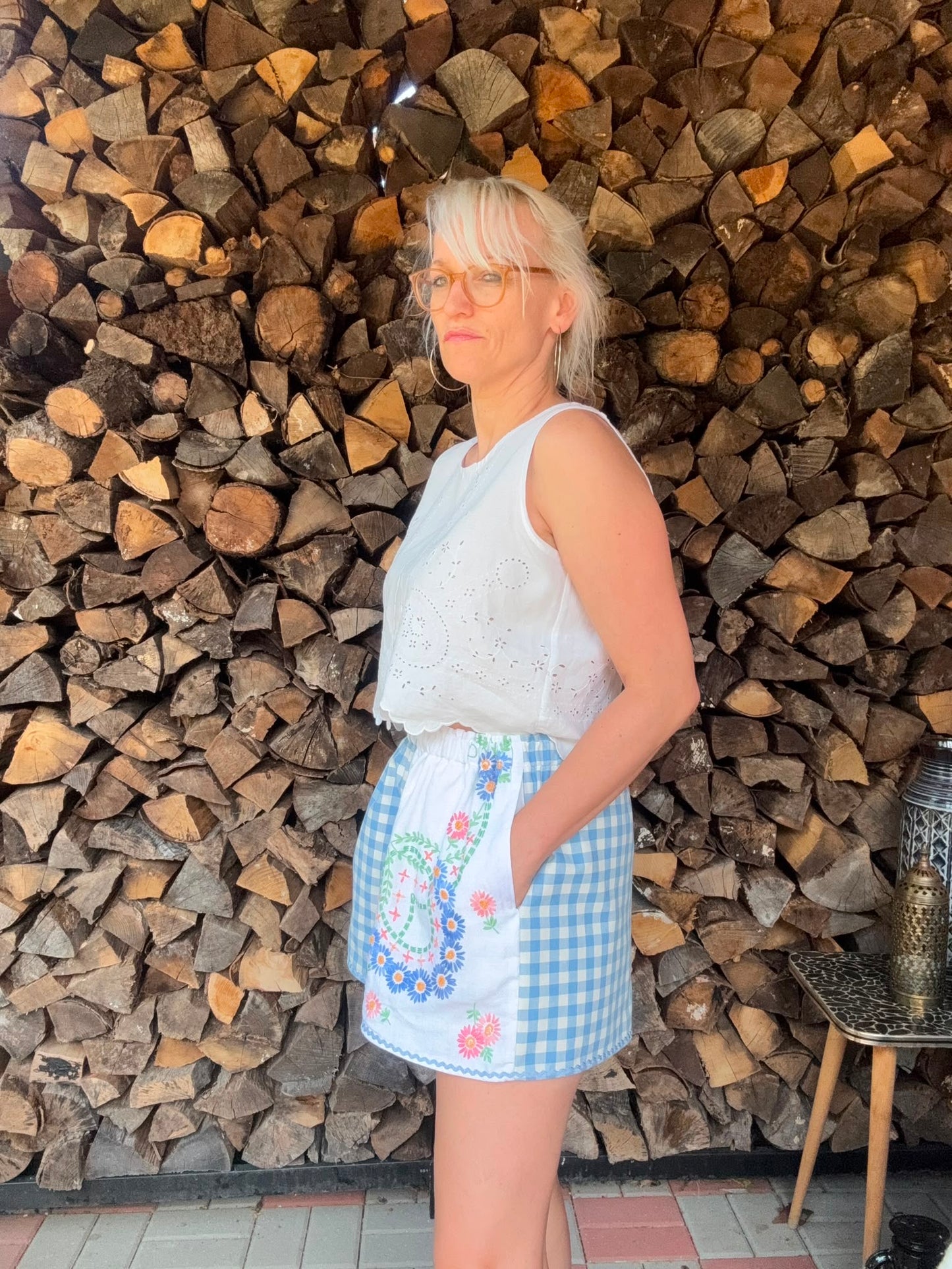 Blue gingham and embroidery shorts