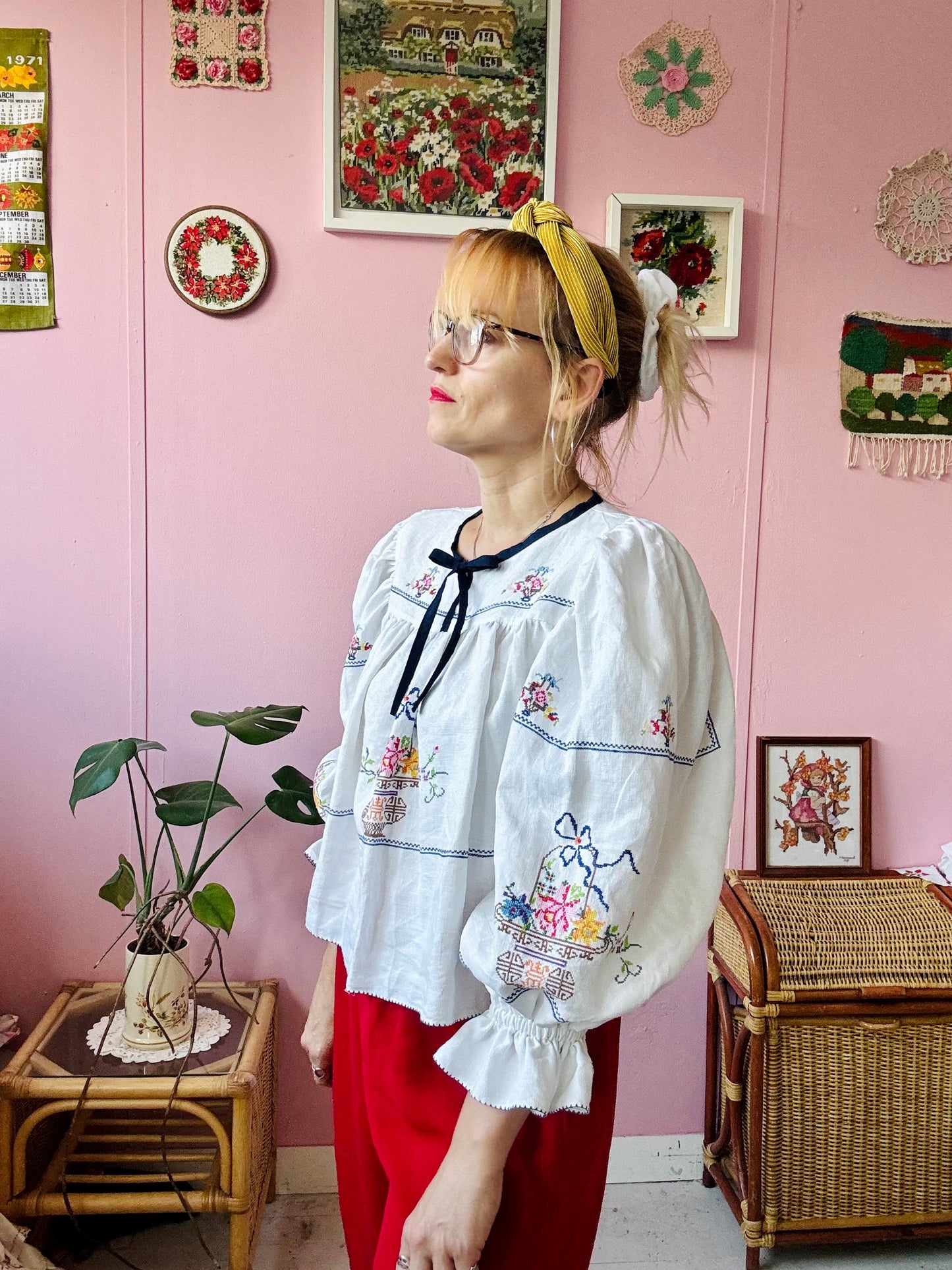 Linen blouse with cross stitching embroidery