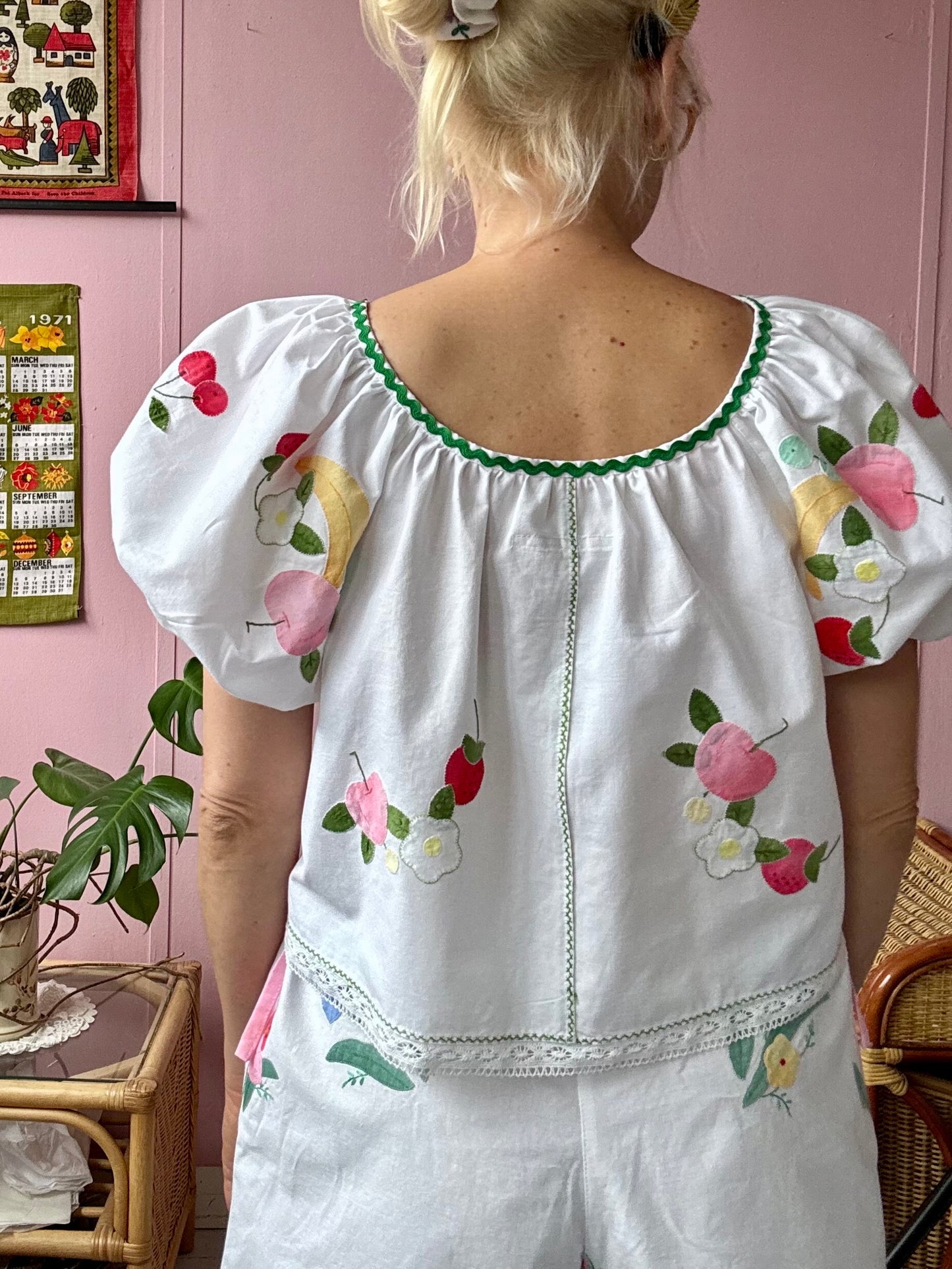 Fruity blouse with green ric rac