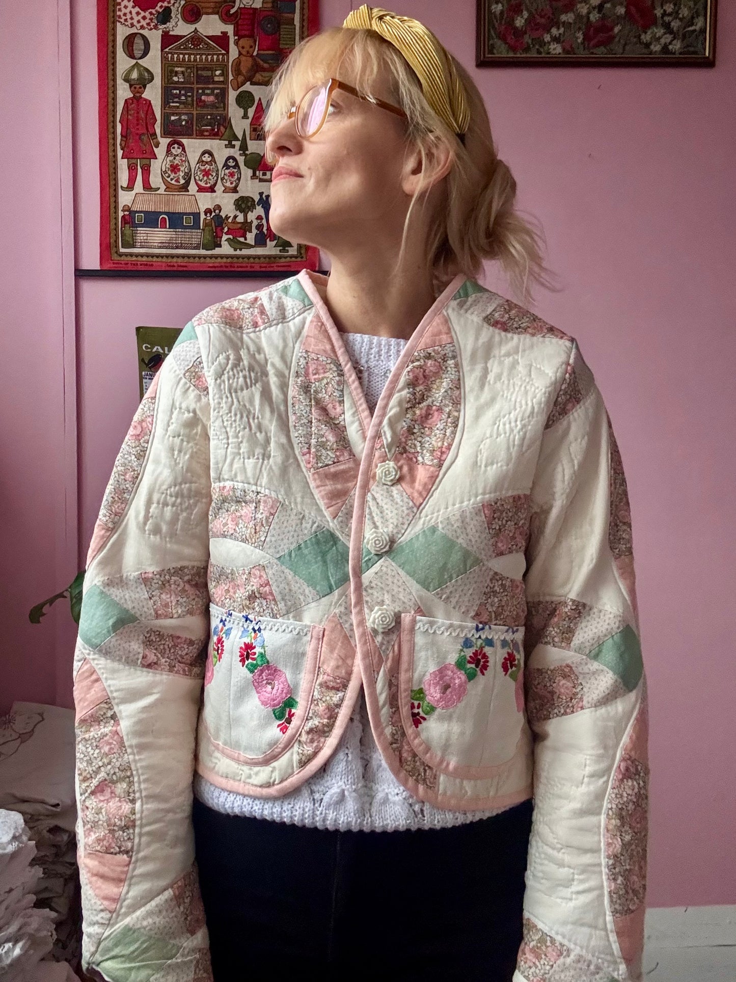 Patchwork jacket with floral pockets