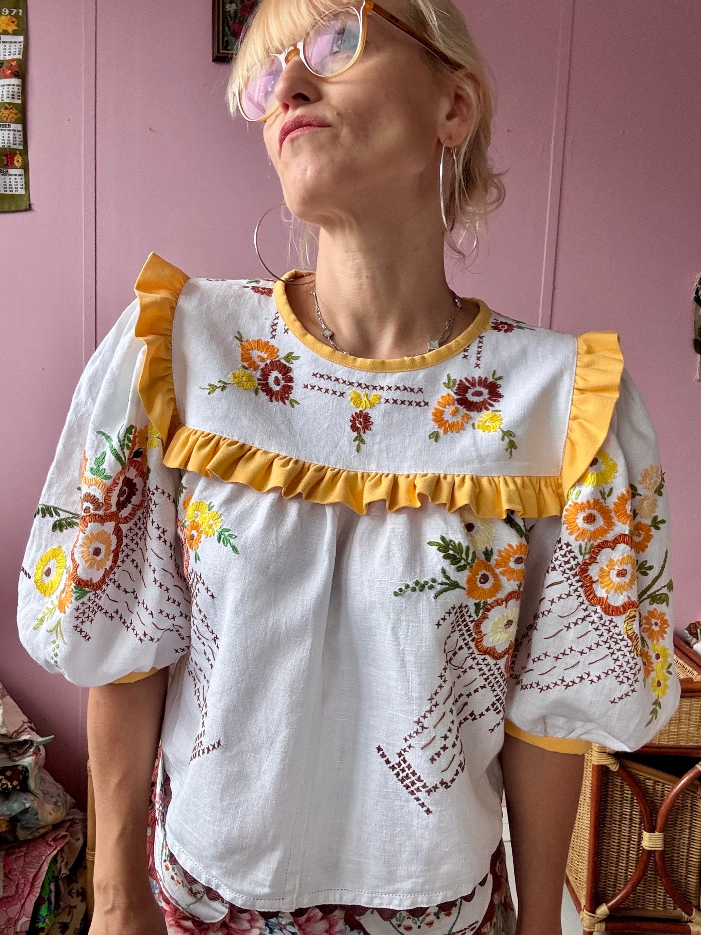 Blouse with hand embroidery and yellow frill