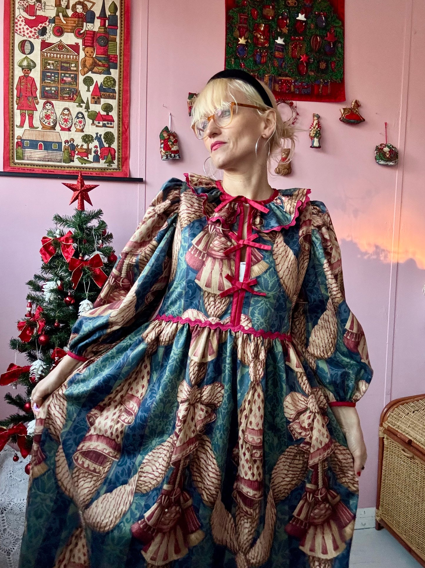 Christmas themed maxi dress with long sleeves and burgundy trims