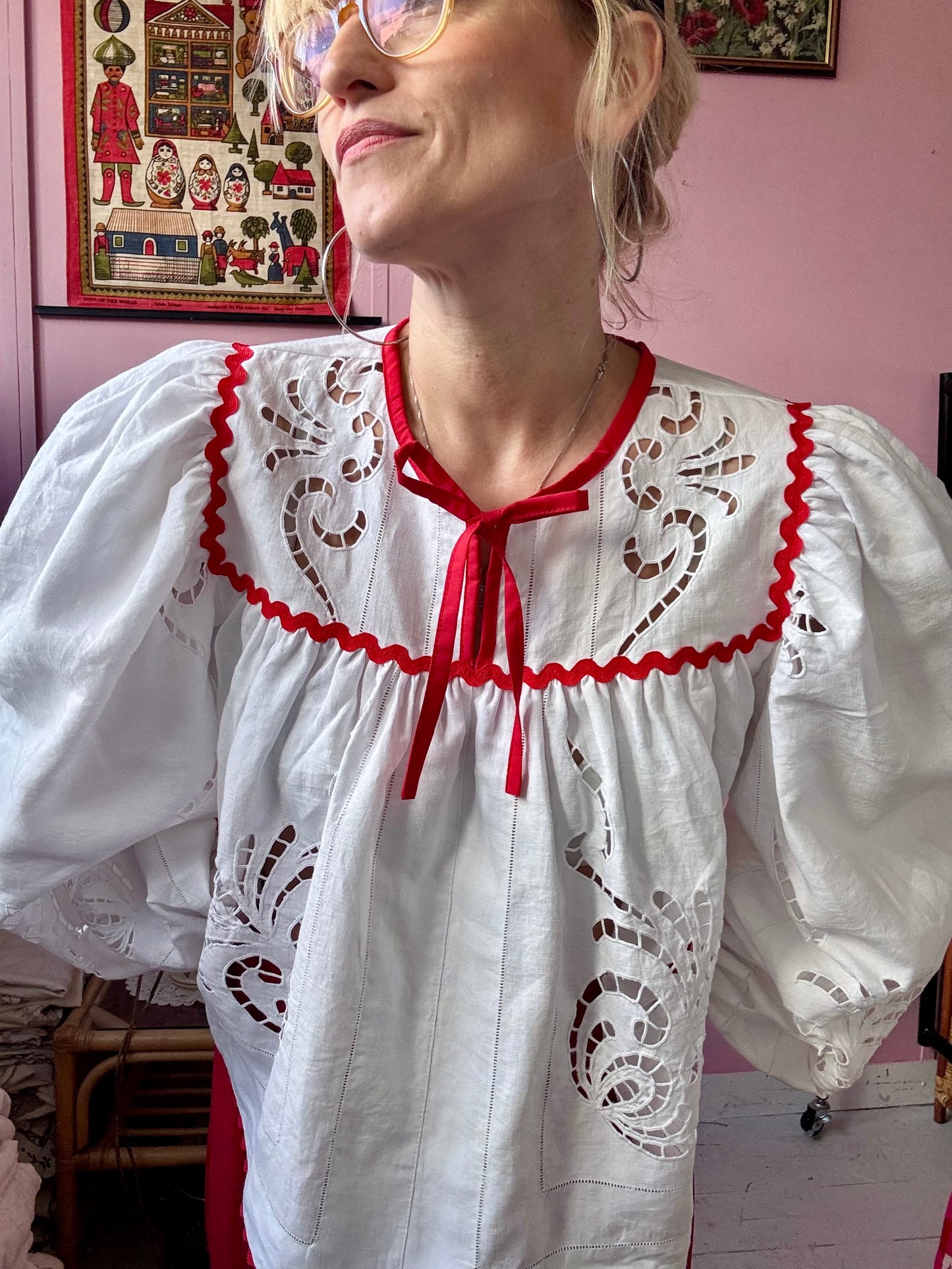 White embroidery blouse with red ric rac