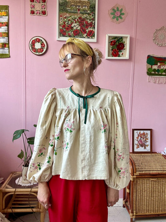 Beige linen blouse with pink and green embroidery