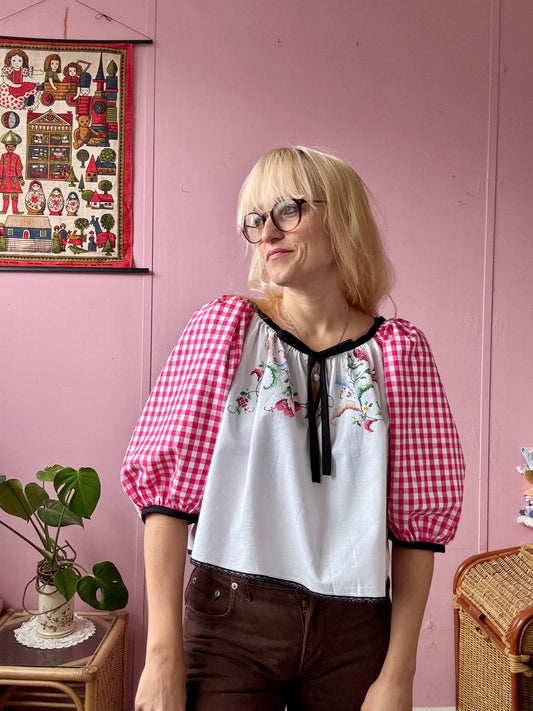 Embroidery blouse with gingham sleeves