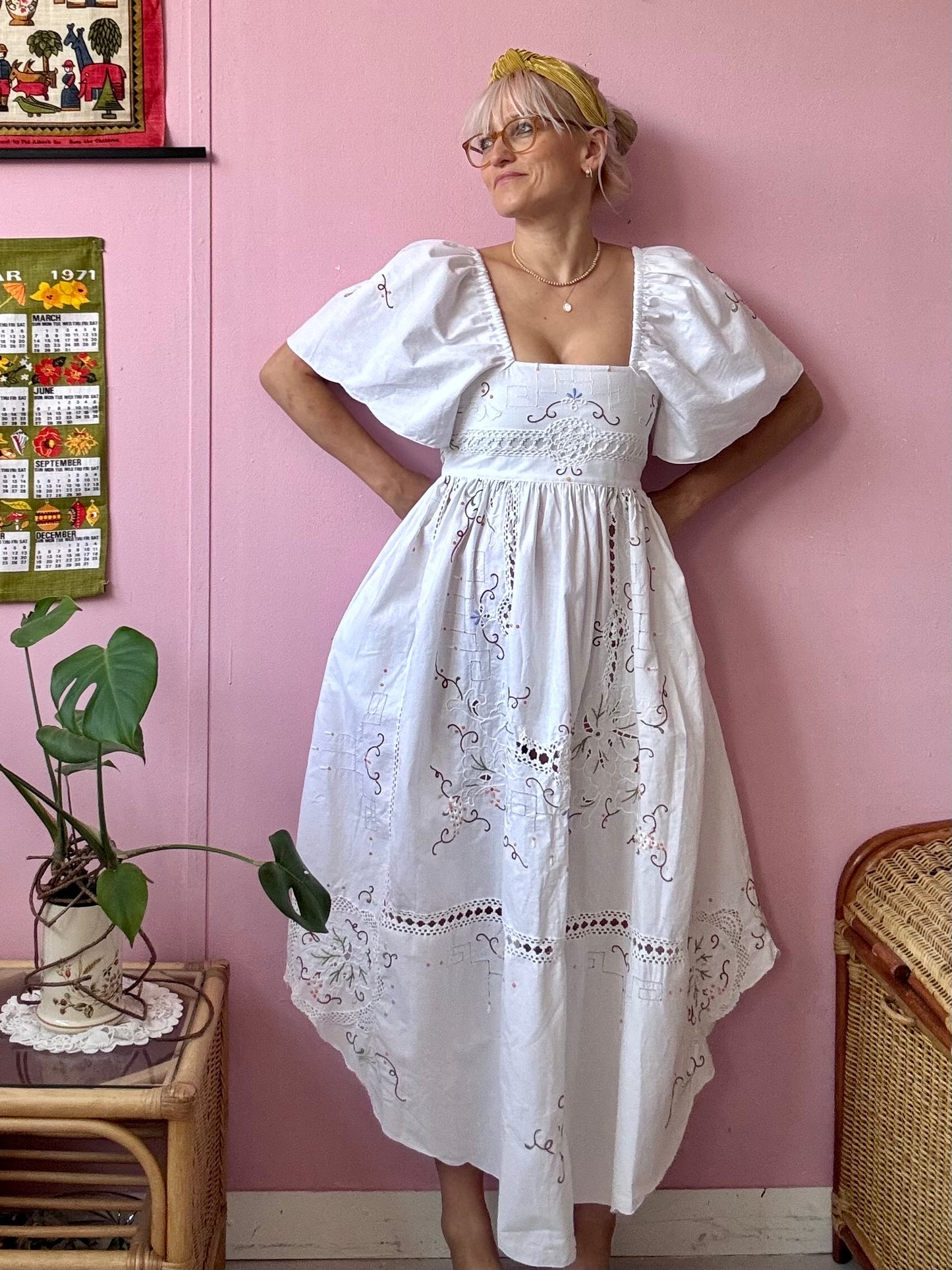 White maxi dress with embroidery and lace