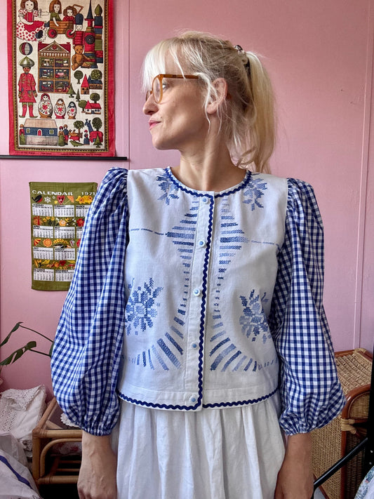 Blue embroidery and gingham blouse
