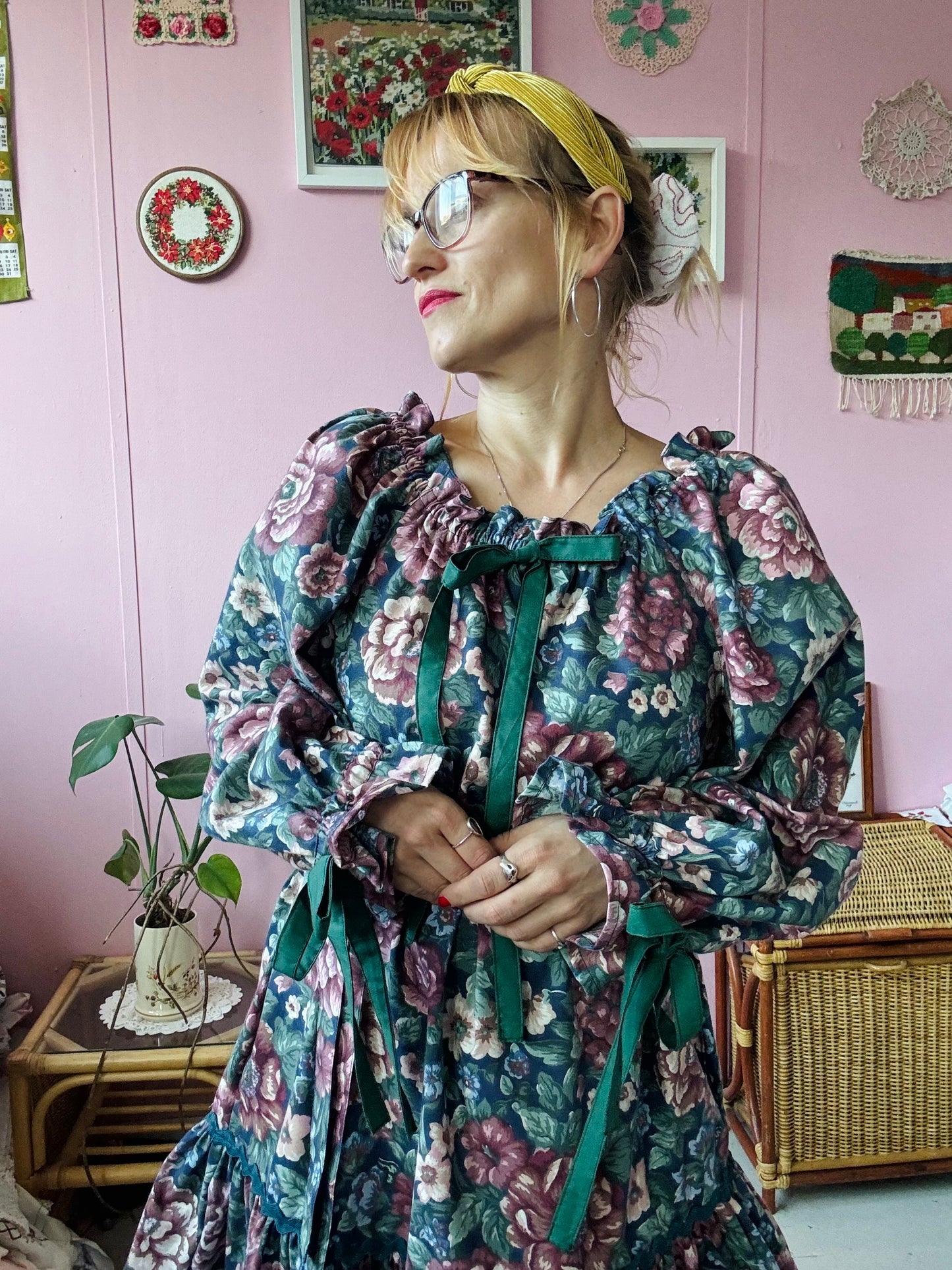 Navy floral dress with long sleeves