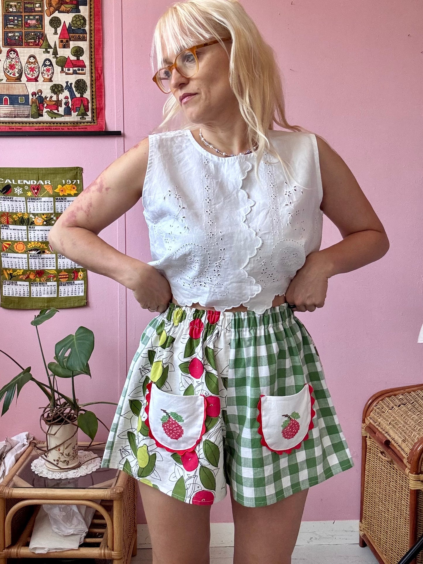 Green gingham and fruity shorts