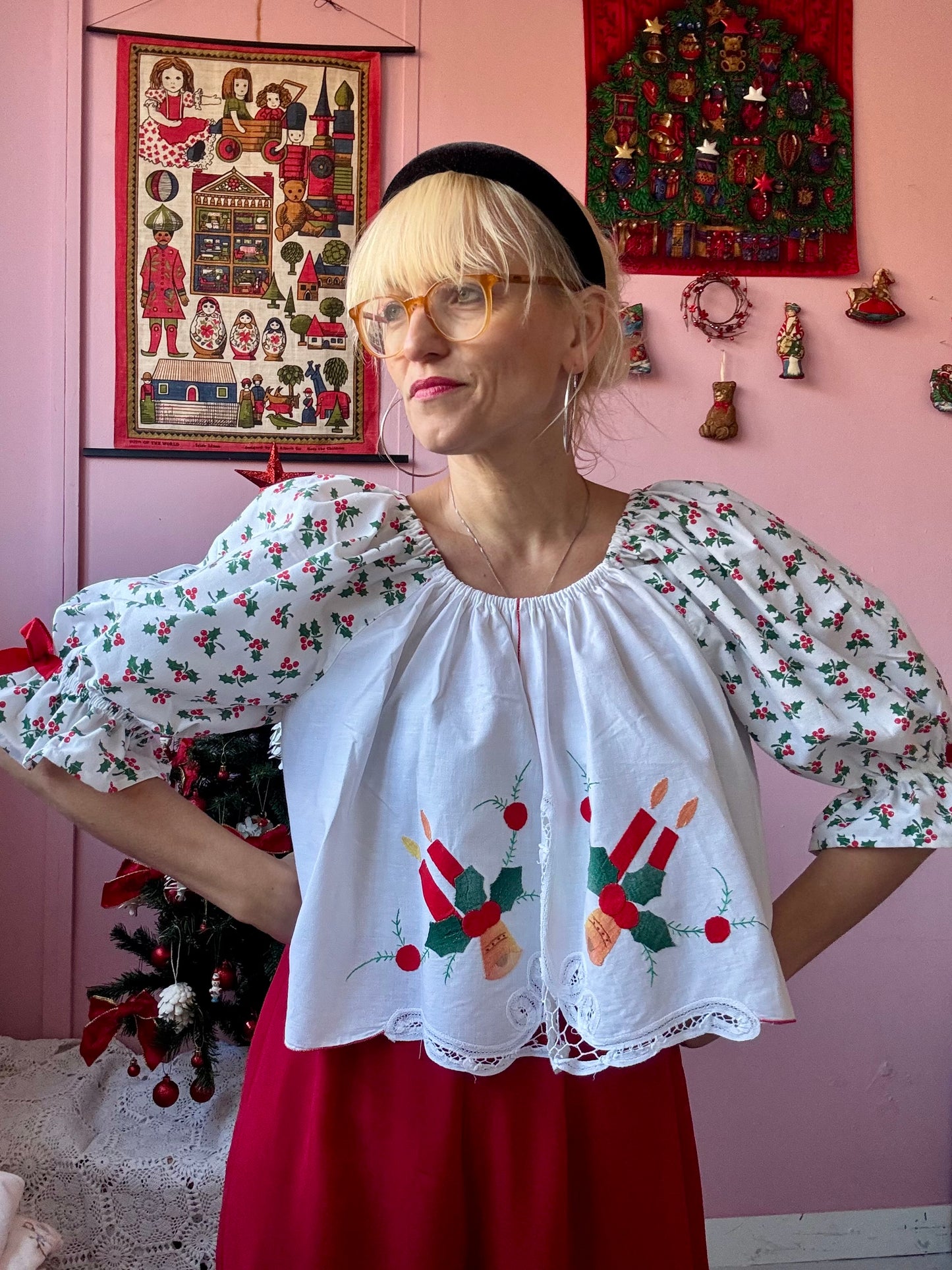 Christmas blouse with holly print sleeves and bows