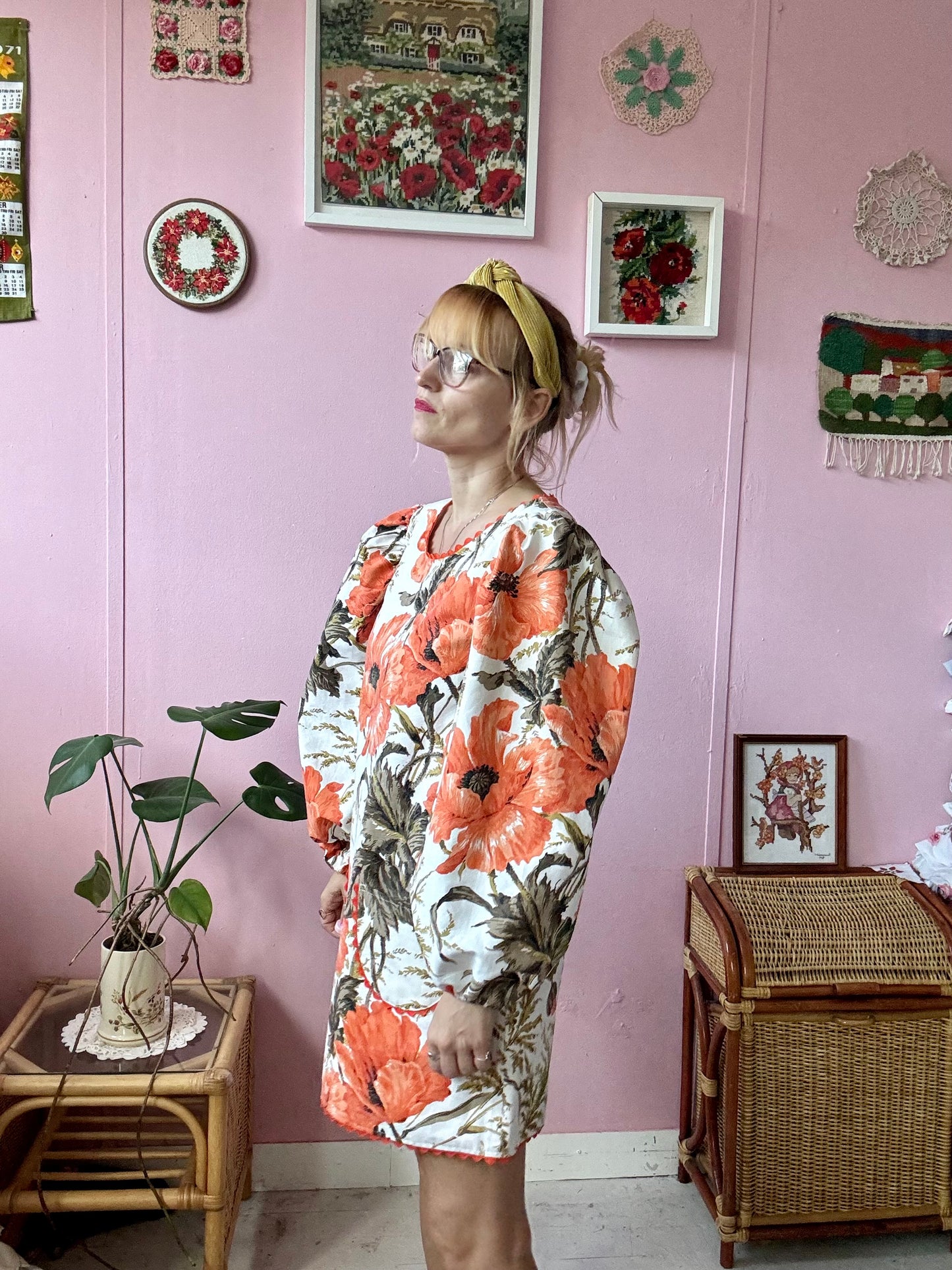 Orange poppies mini dress with long sleeves