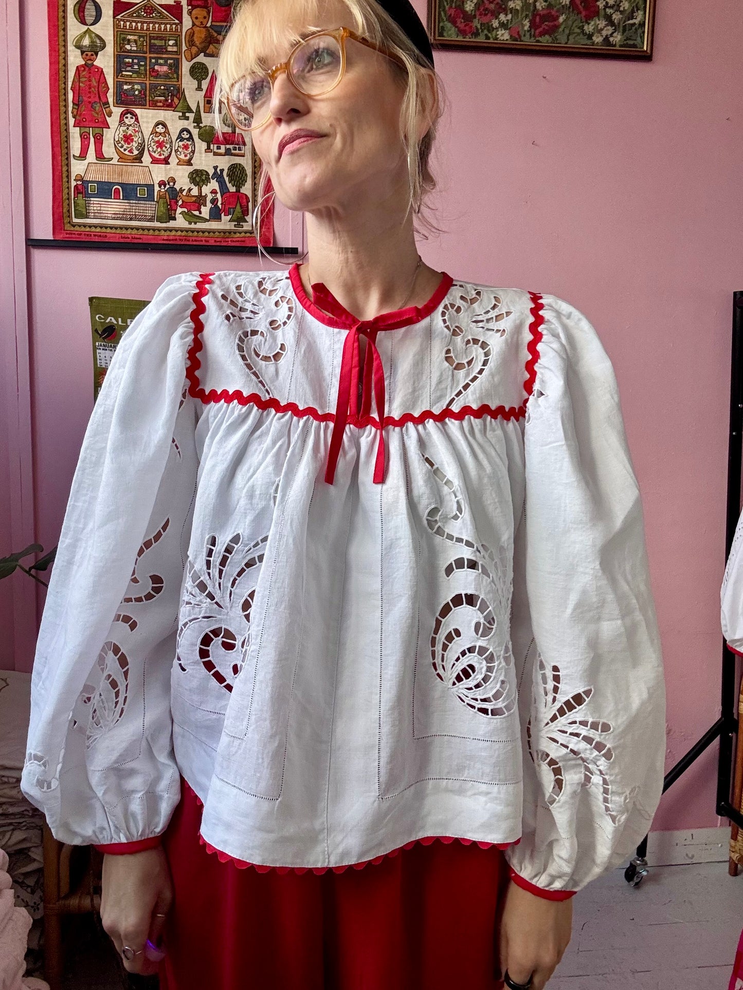 White embroidery blouse with red ric rac