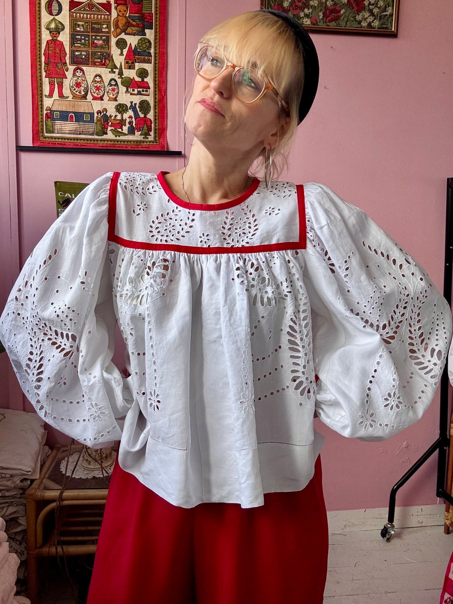 White blouse with red binding