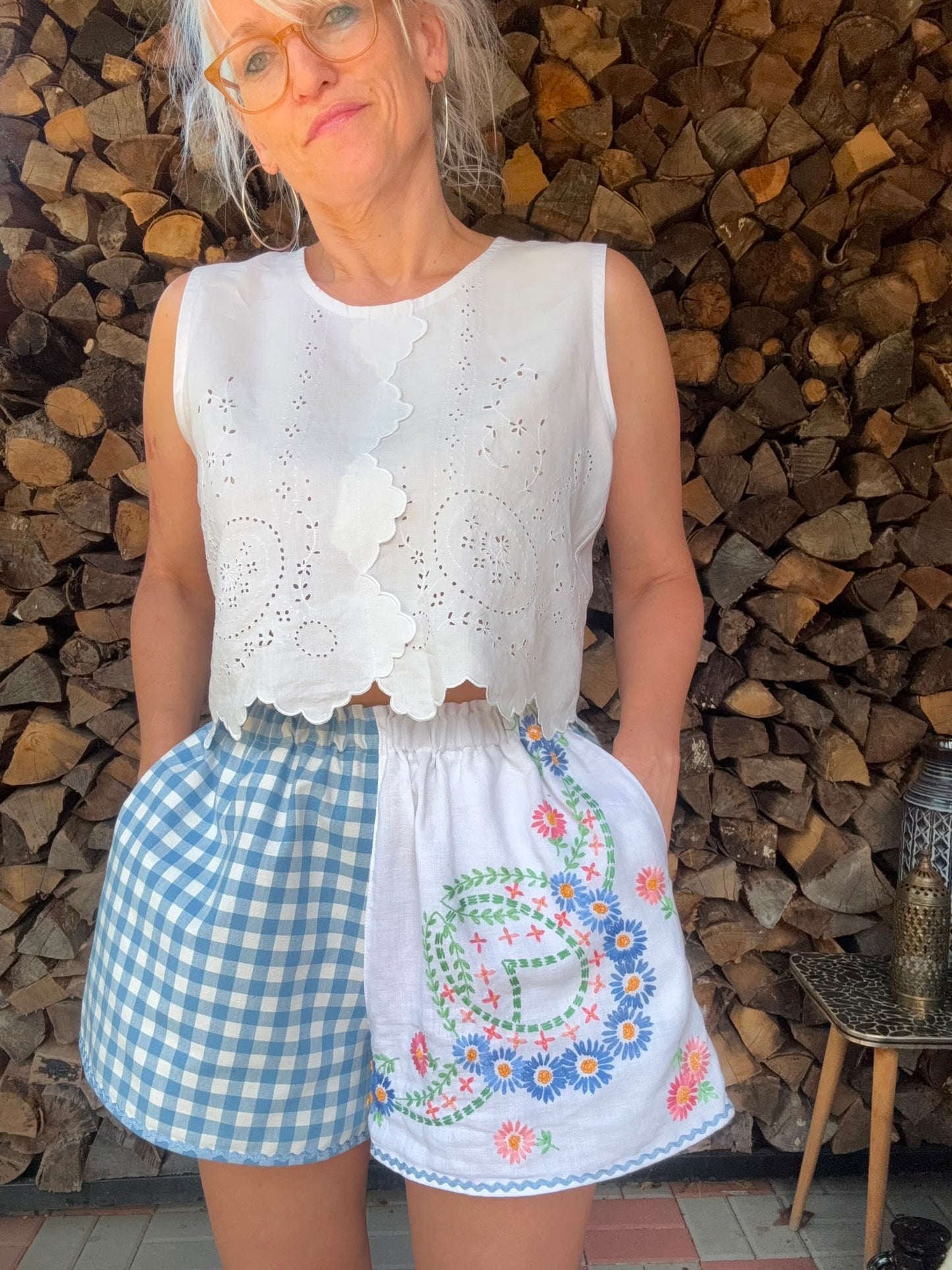 Blue gingham and embroidery shorts