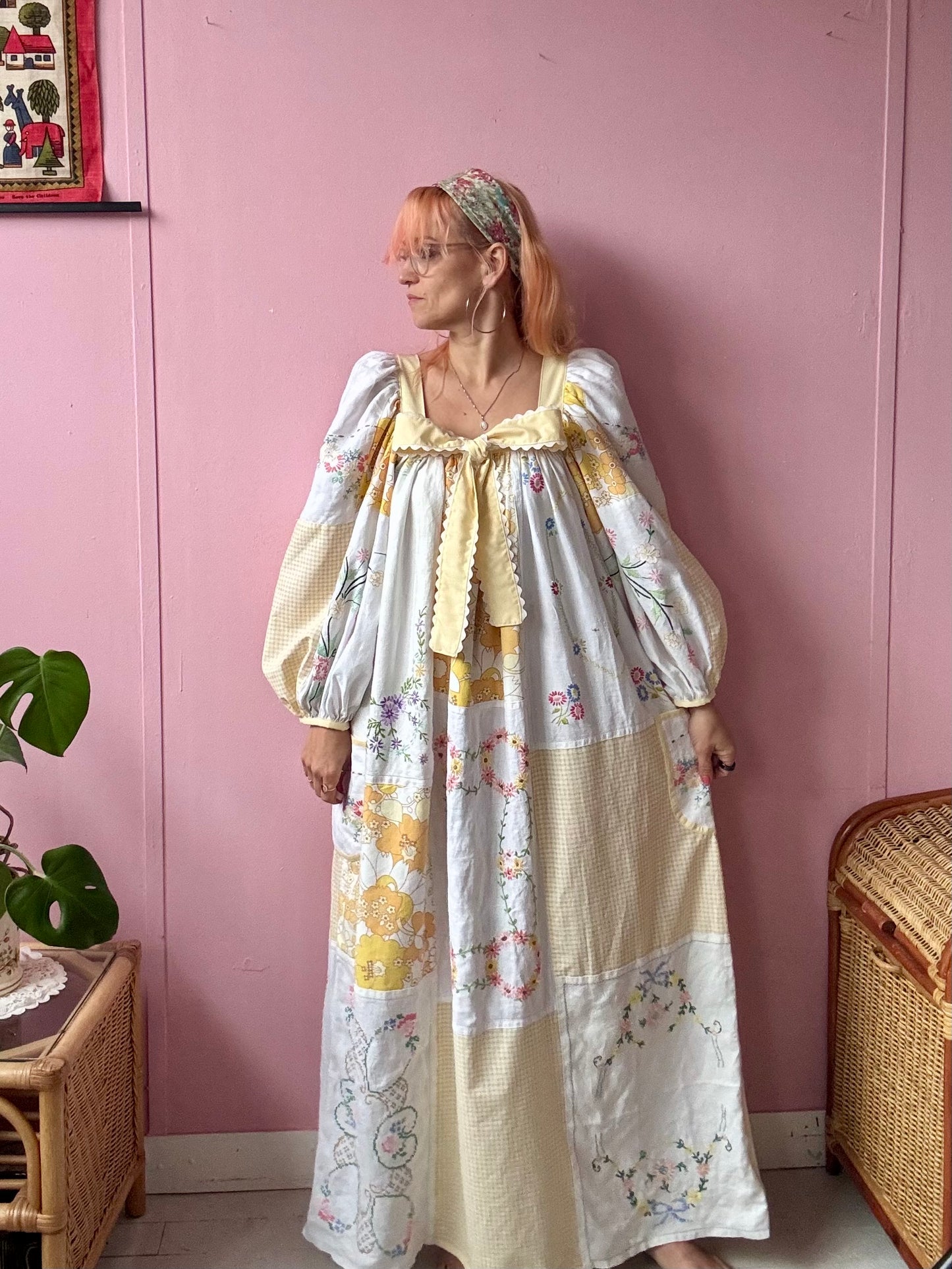 Yellow patchwork maxi dress with bow