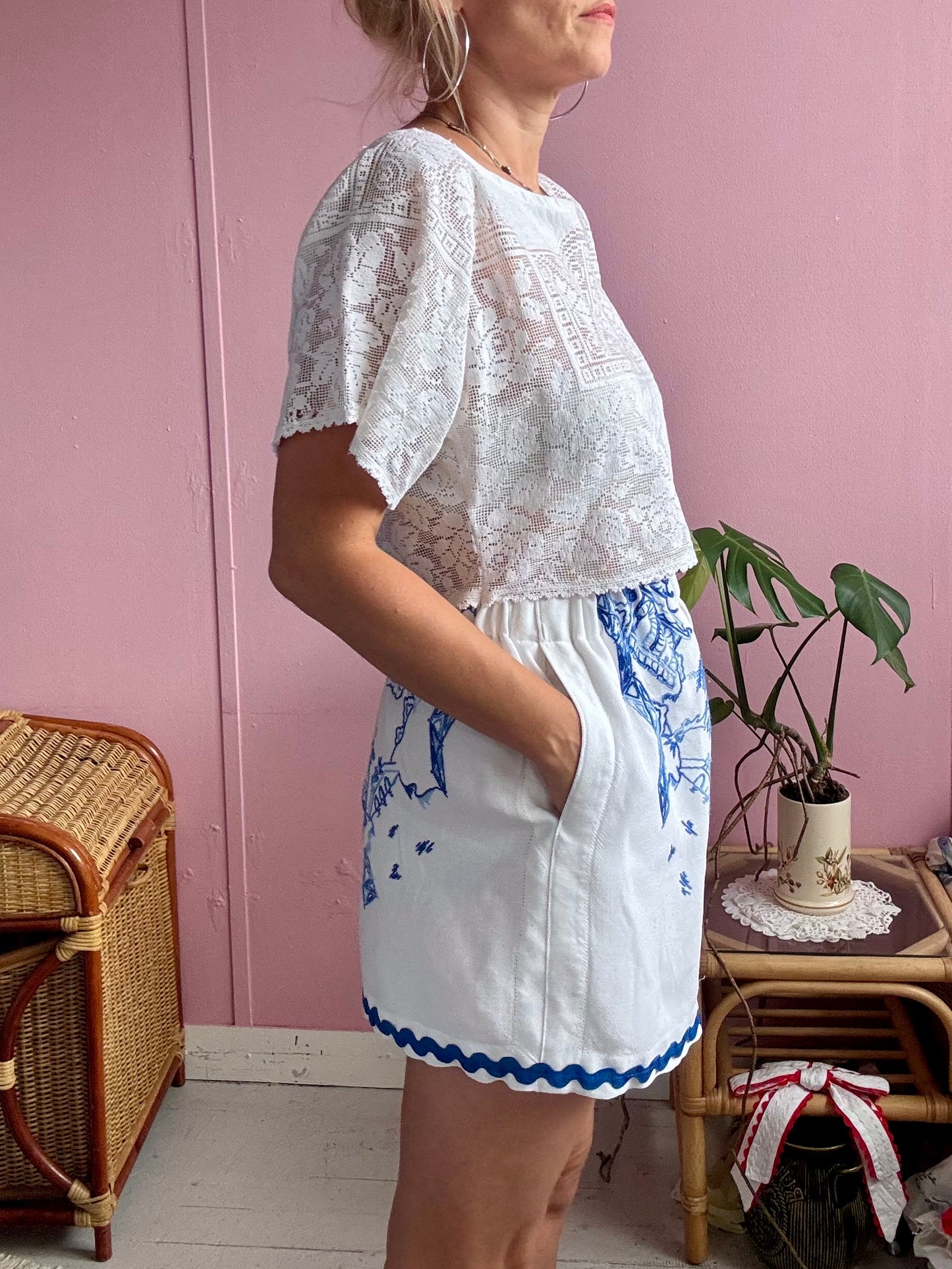 White shorts with blue embroidery and blue ric rac