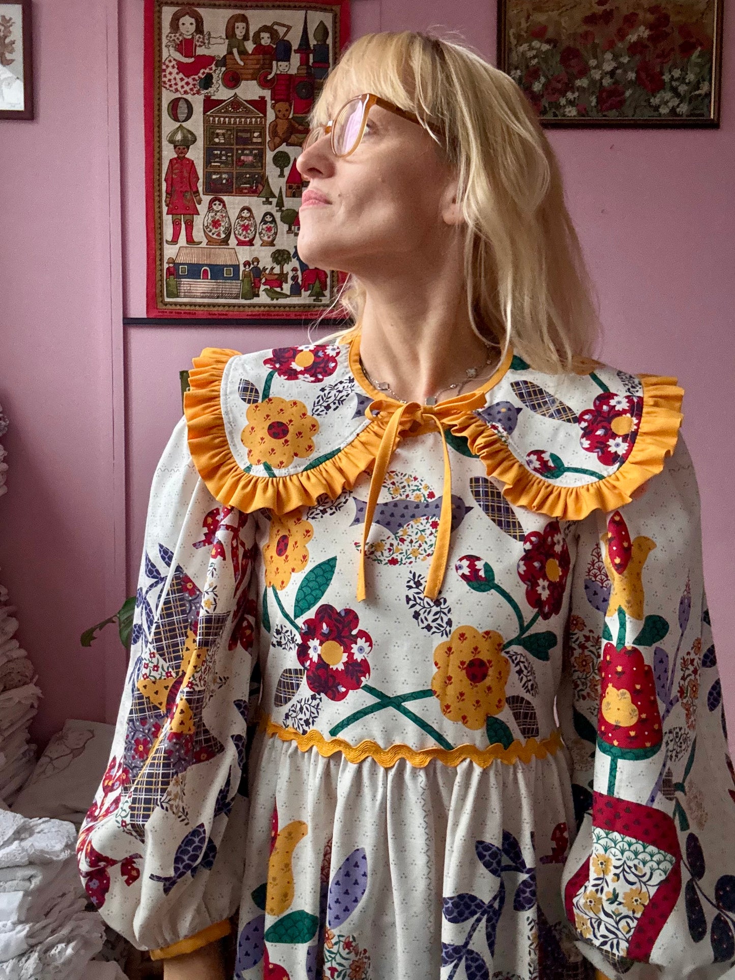 Floral dress with yellow ric rac and detachable collar