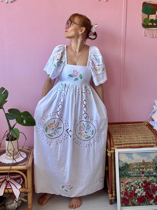 White maxi with pastel embroidery and cut out embroidery