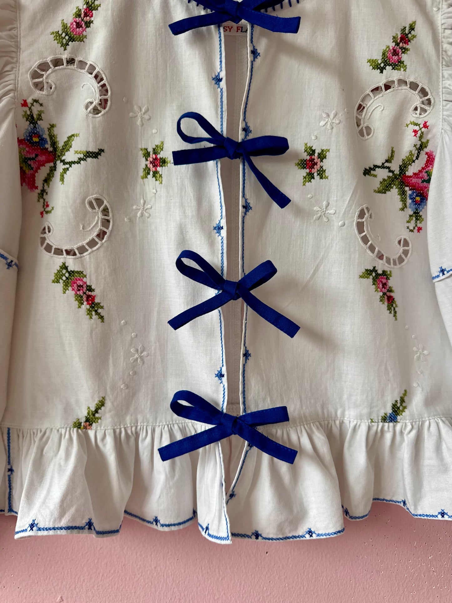 White embroidery blouse with blue bows